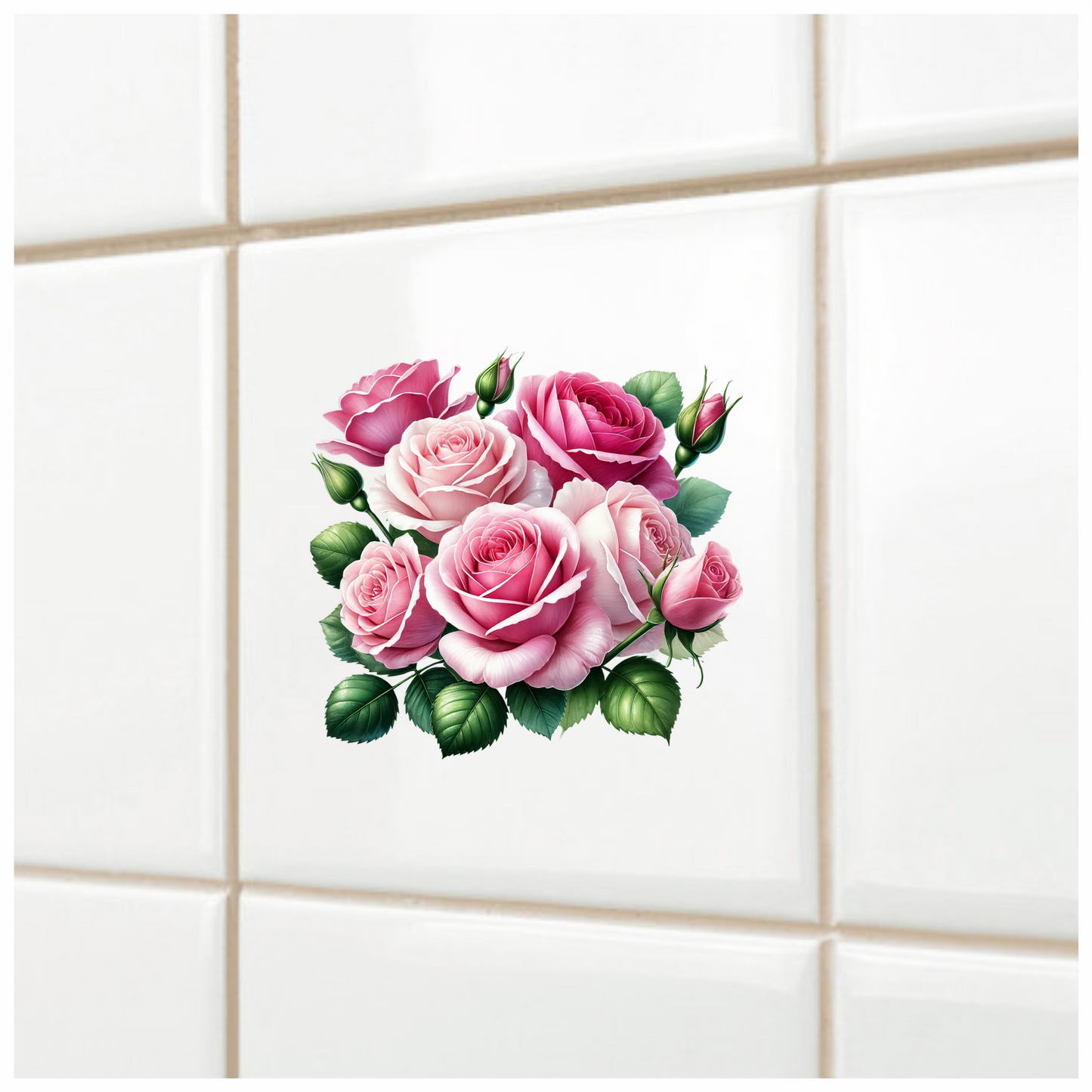 Pink Roses Green Leaves Garden Flowers Vinyl Sticker Decal