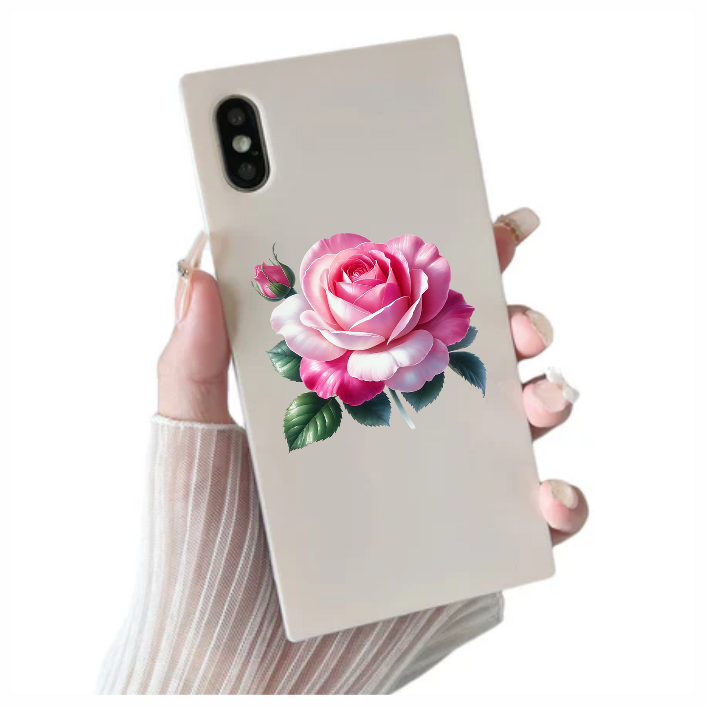Pink White Rose Green Leaves Vinyl Sticker Decal