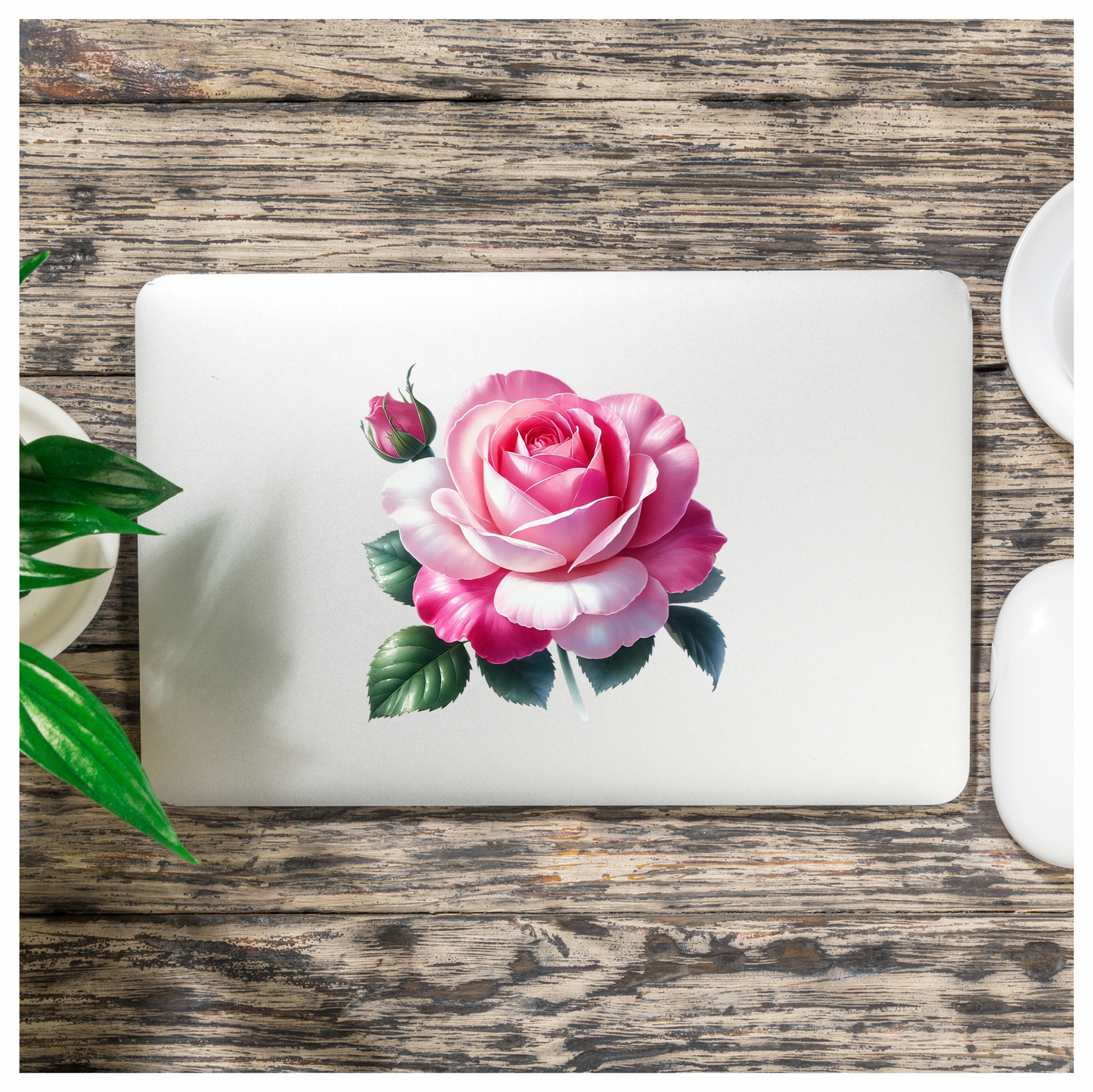 Pink White Rose Green Leaves Vinyl Sticker Decal