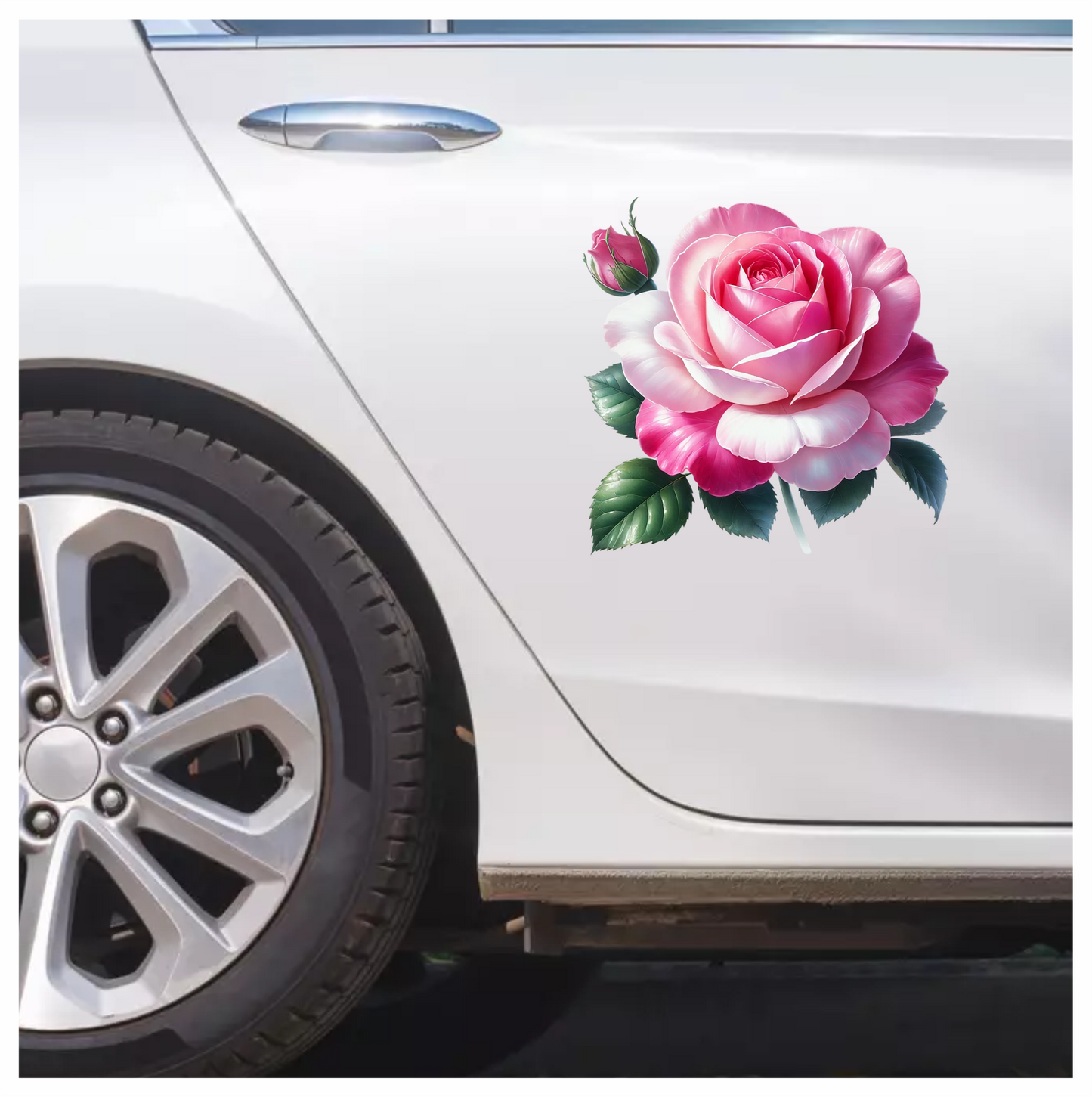 Pink White Rose Green Leaves Vinyl Sticker Decal