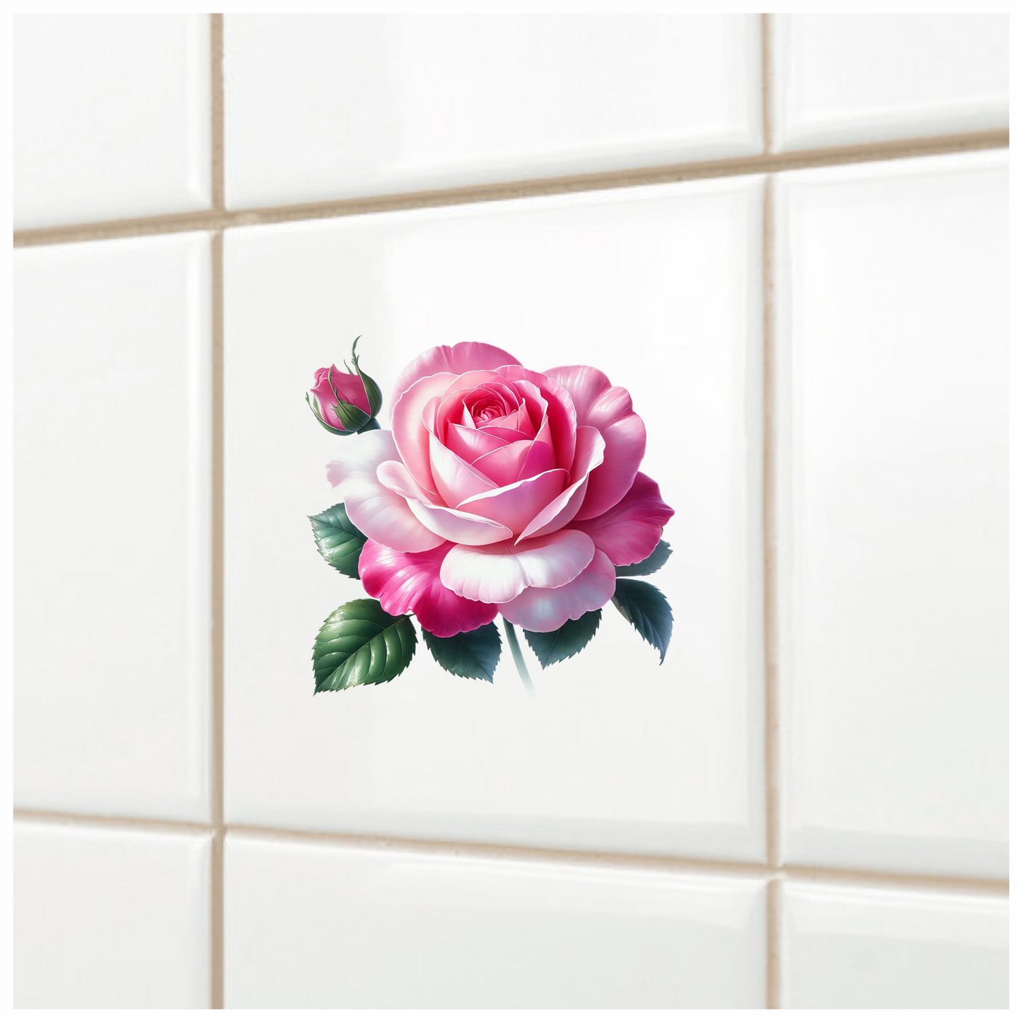 Pink White Rose Green Leaves Vinyl Sticker Decal