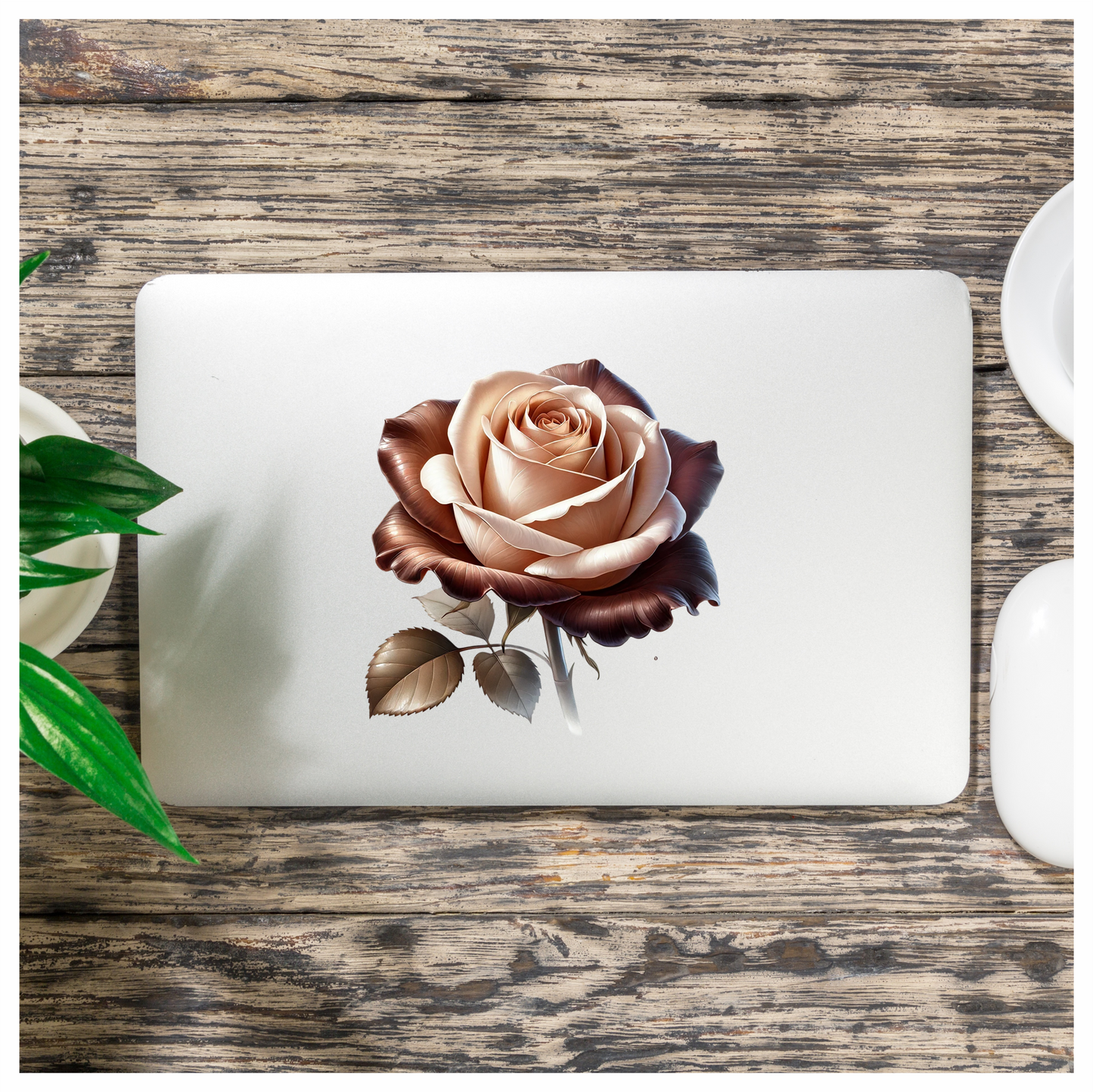 Brown Cream Rose Flower Leaves Vinyl Sticker Decal