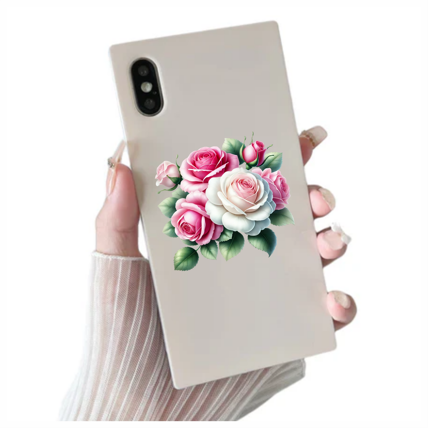 Pink White Roses Green Leaves Vinyl Sticker Decal