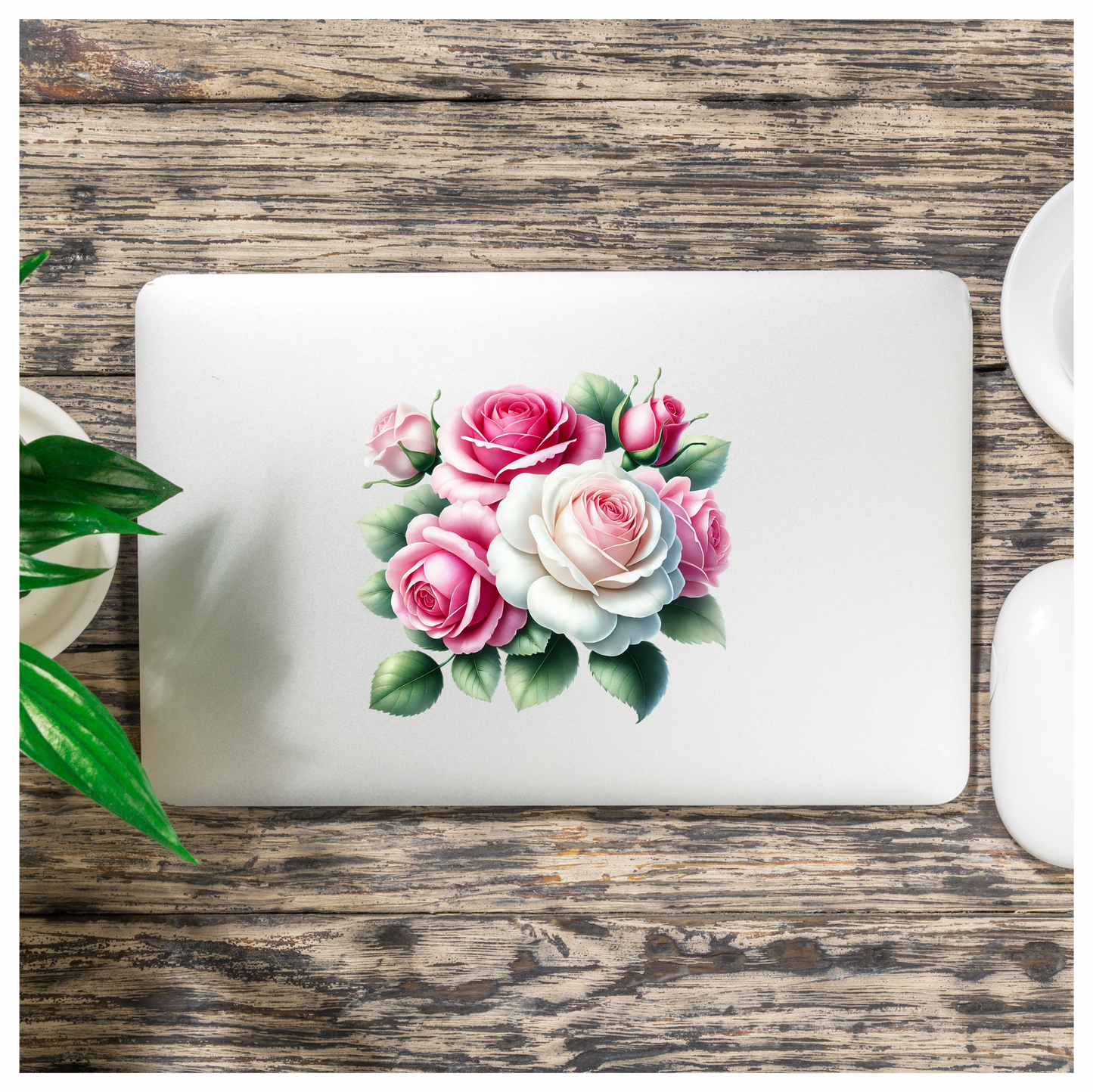 Pink White Roses Green Leaves Vinyl Sticker Decal