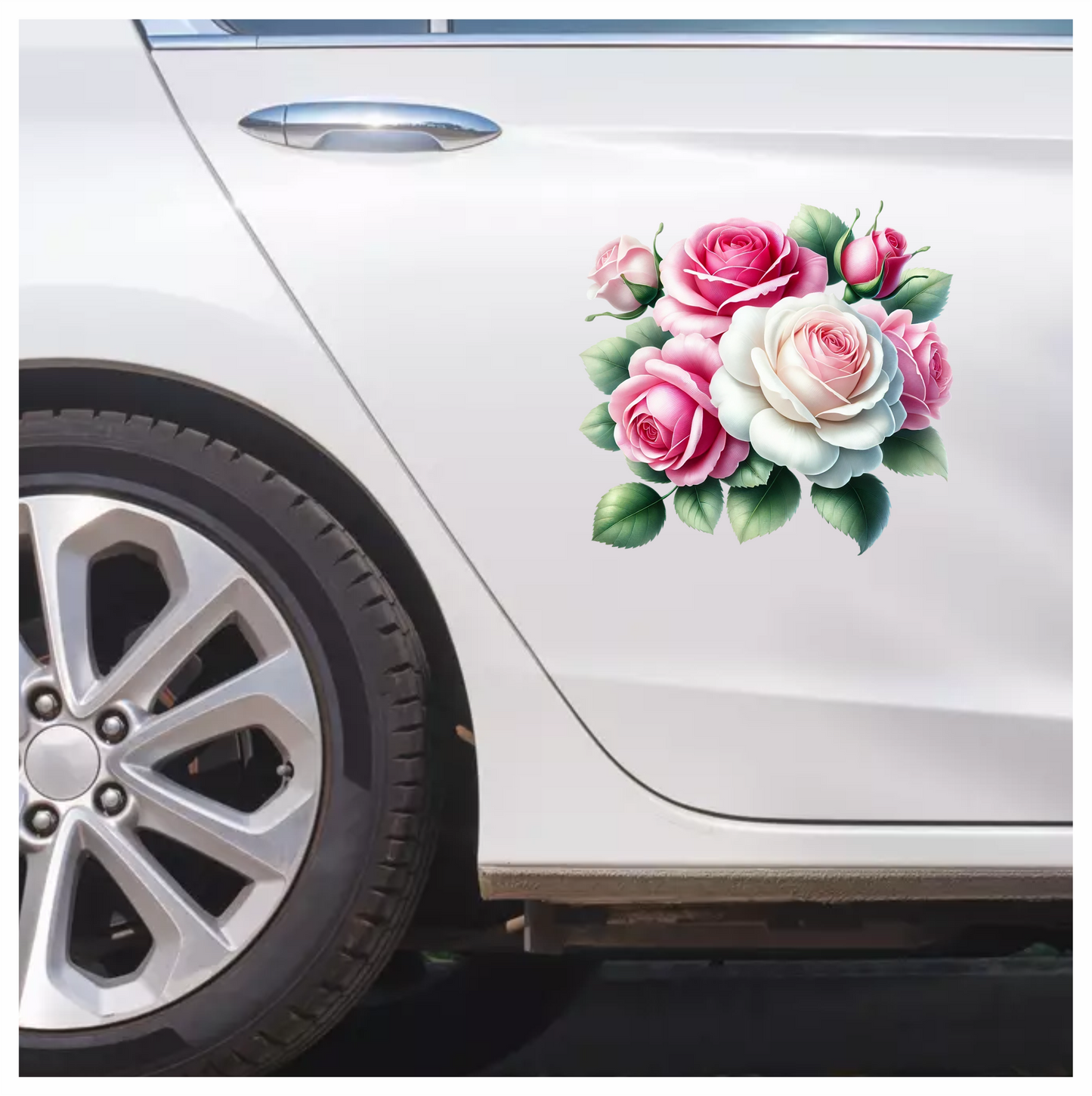 Pink White Roses Green Leaves Vinyl Sticker Decal