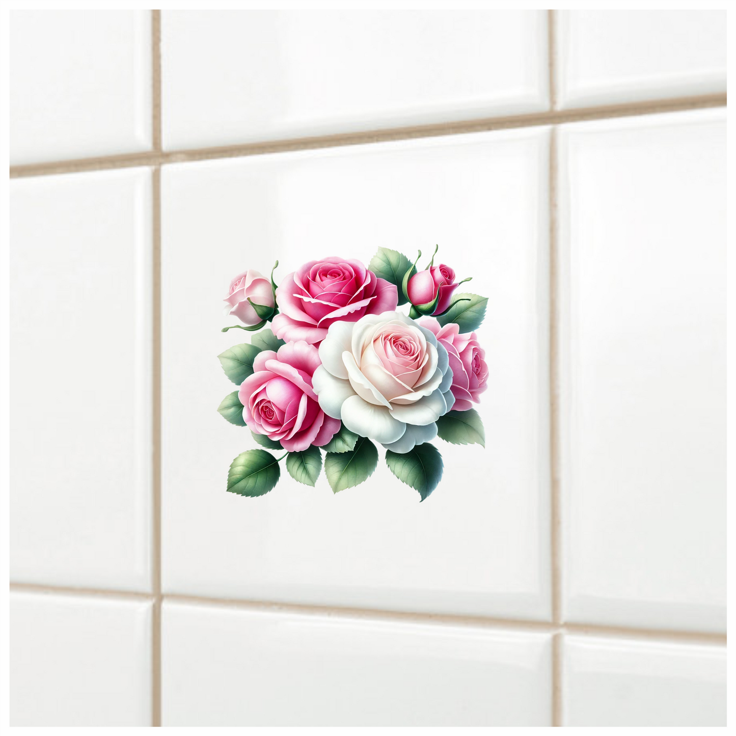 Pink White Roses Green Leaves Vinyl Sticker Decal