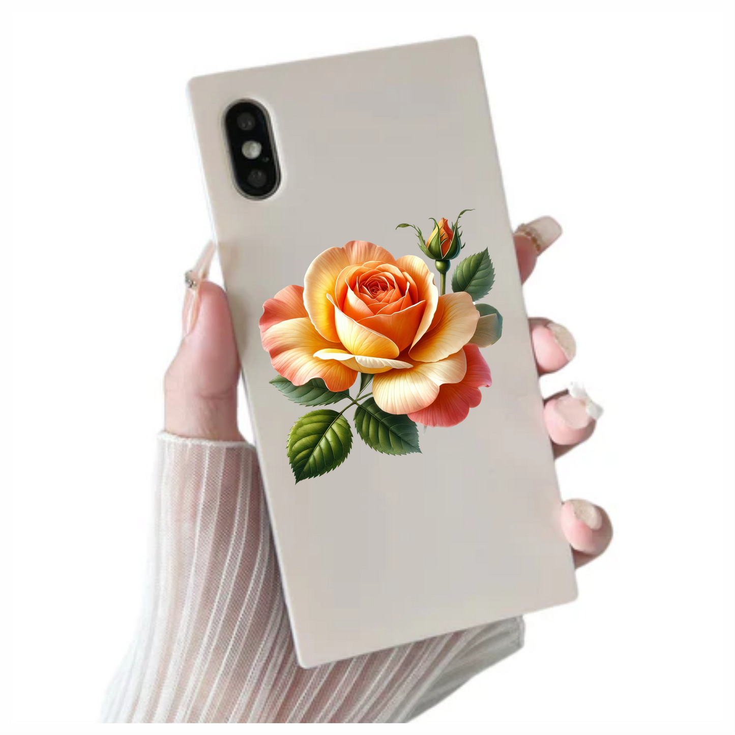 Orange Rose Flower Green Leaves Vinyl Sticker Decal