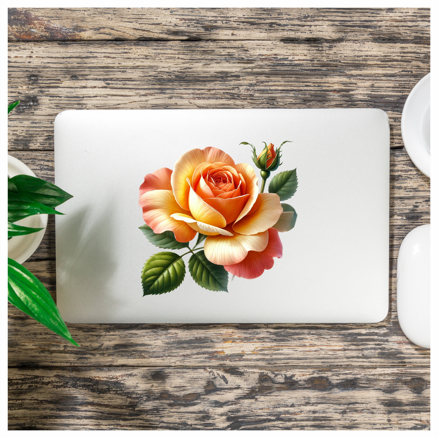Orange Rose Flower Green Leaves Vinyl Sticker Decal
