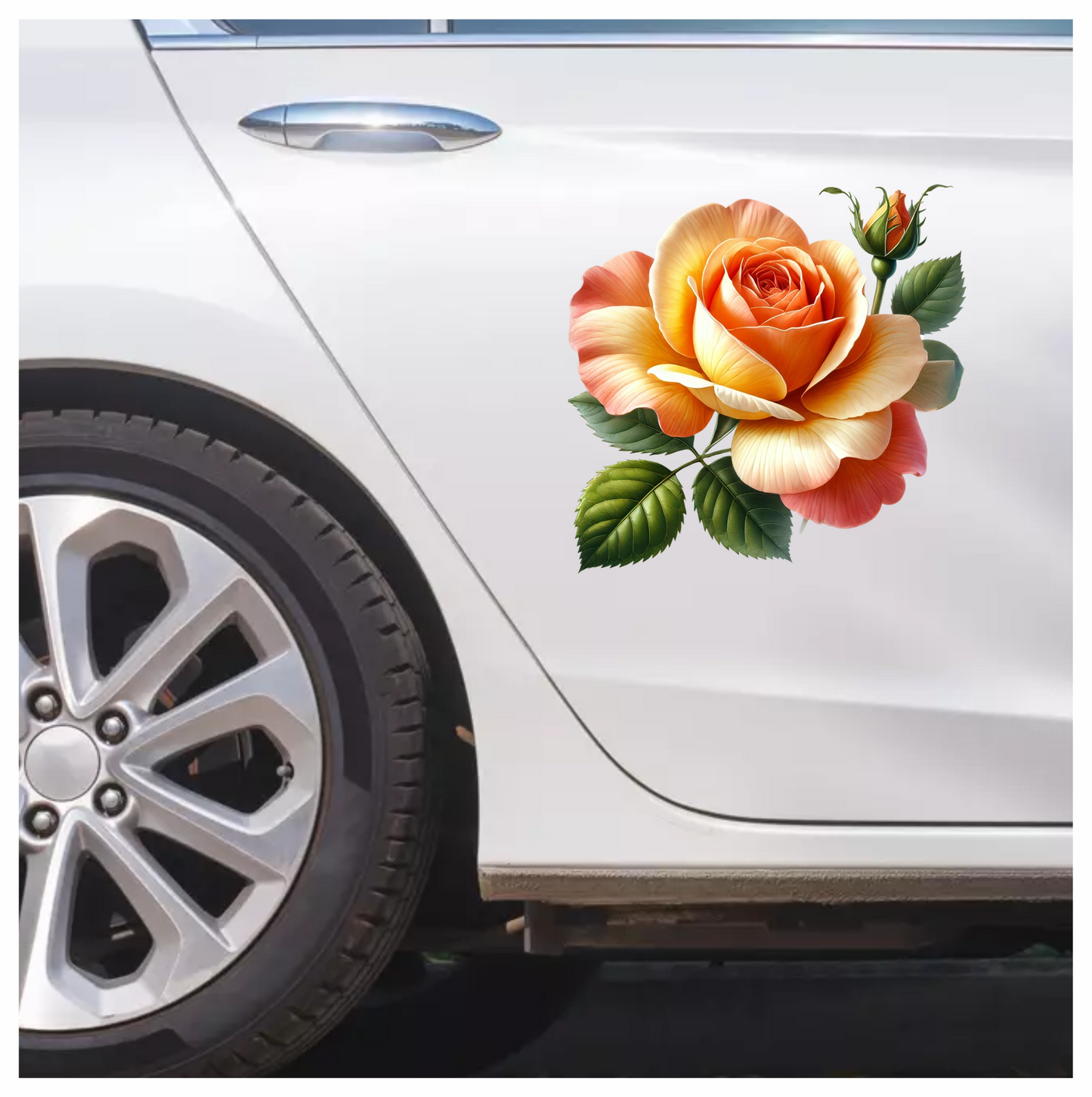Orange Rose Flower Green Leaves Vinyl Sticker Decal