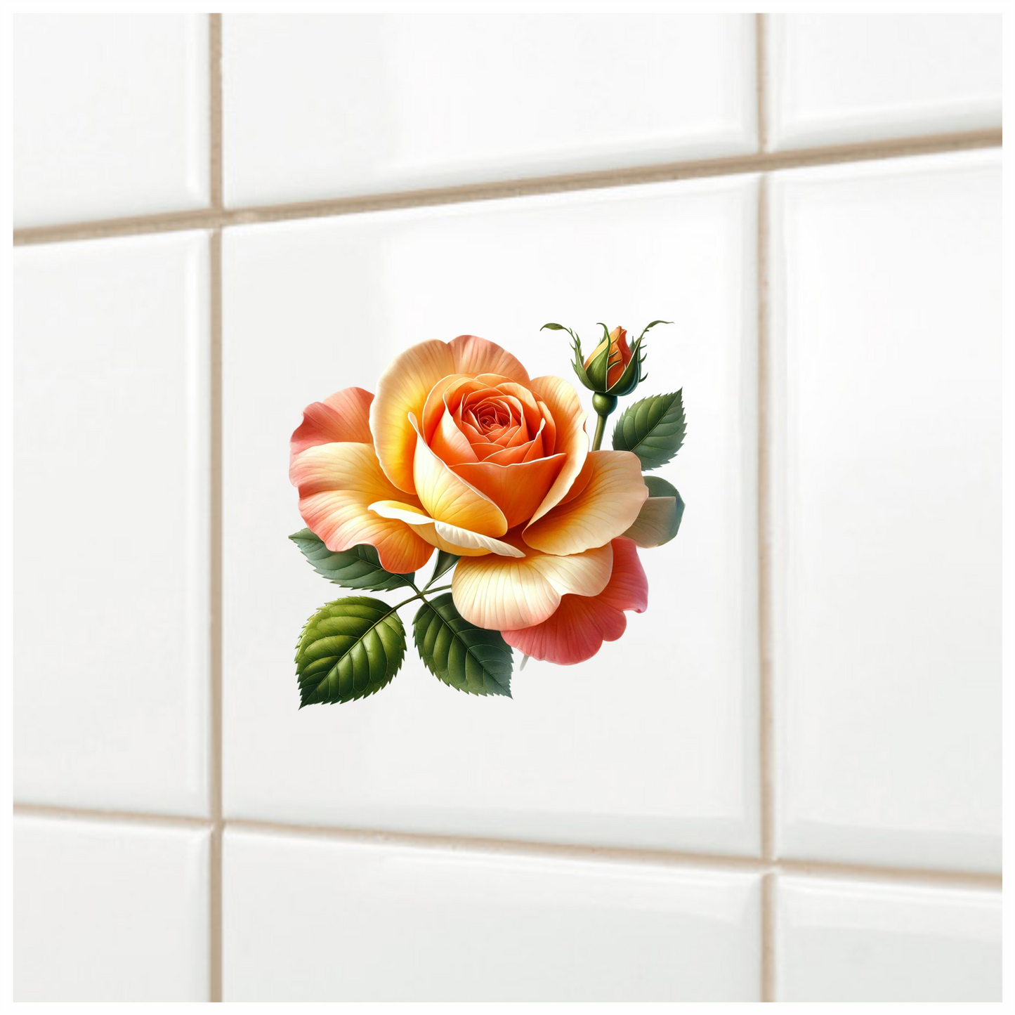 Orange Rose Flower Green Leaves Vinyl Sticker Decal