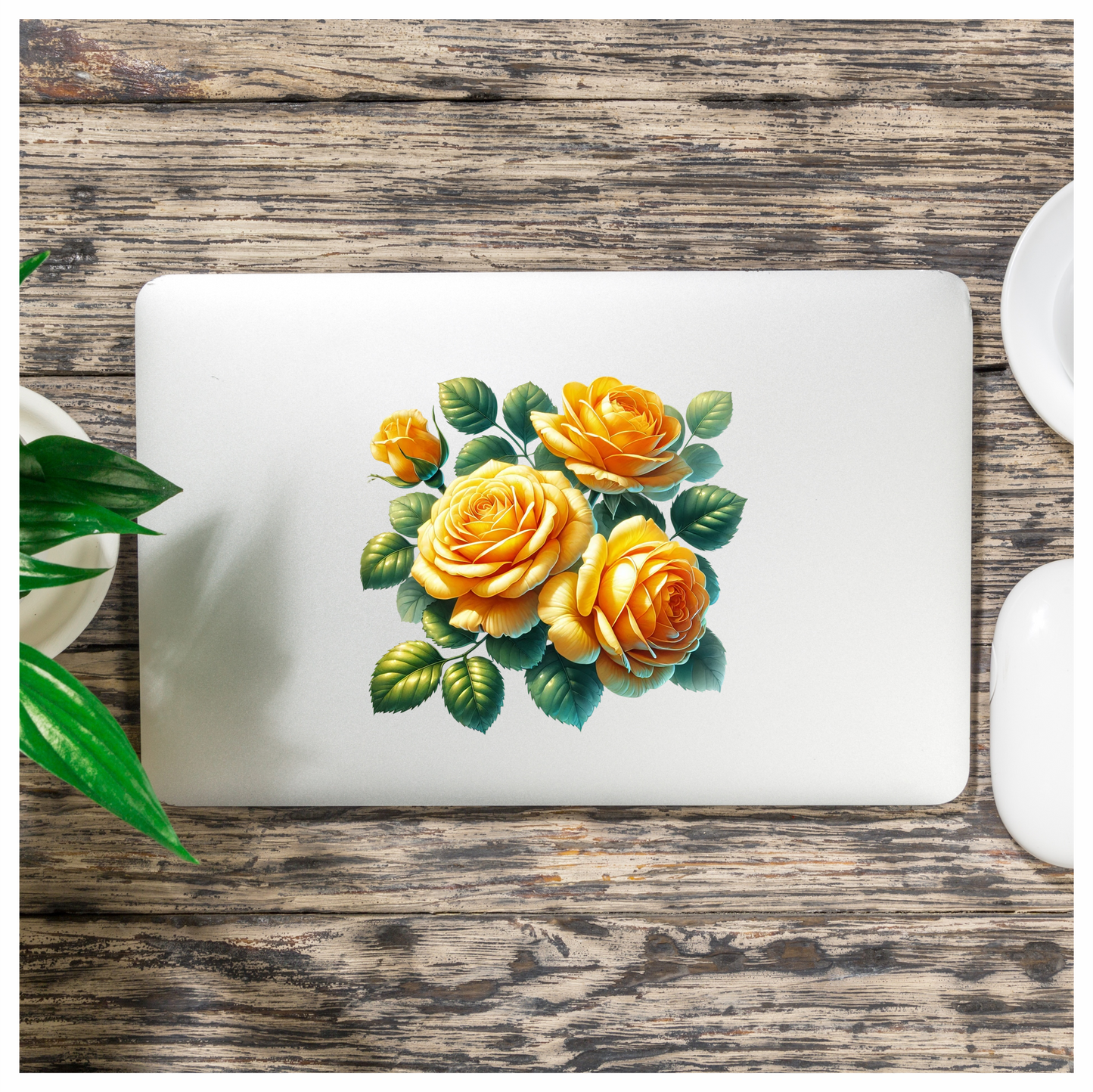 Yellow Roses Green Leaves Floral Design Vinyl Sticker Decal