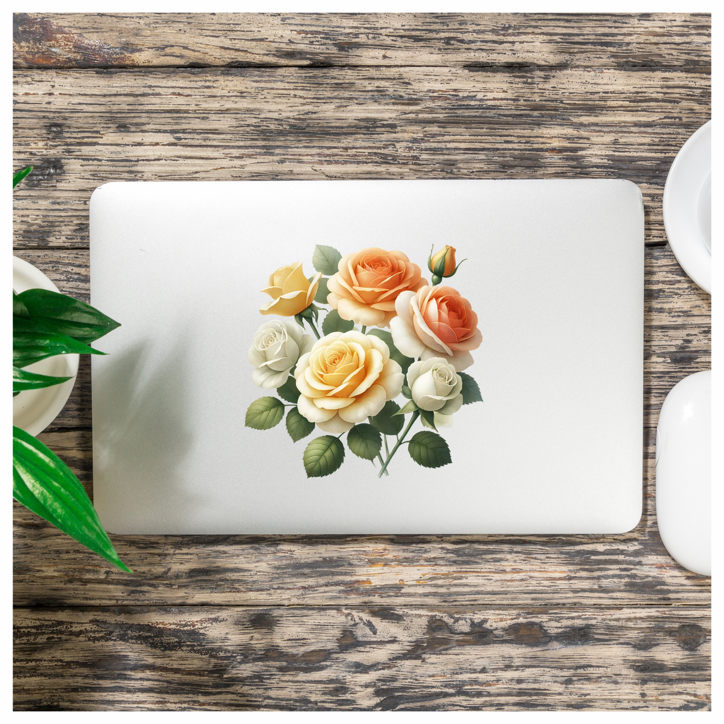 Yellow White Peach Roses Green Leaves Vinyl Sticker Decal