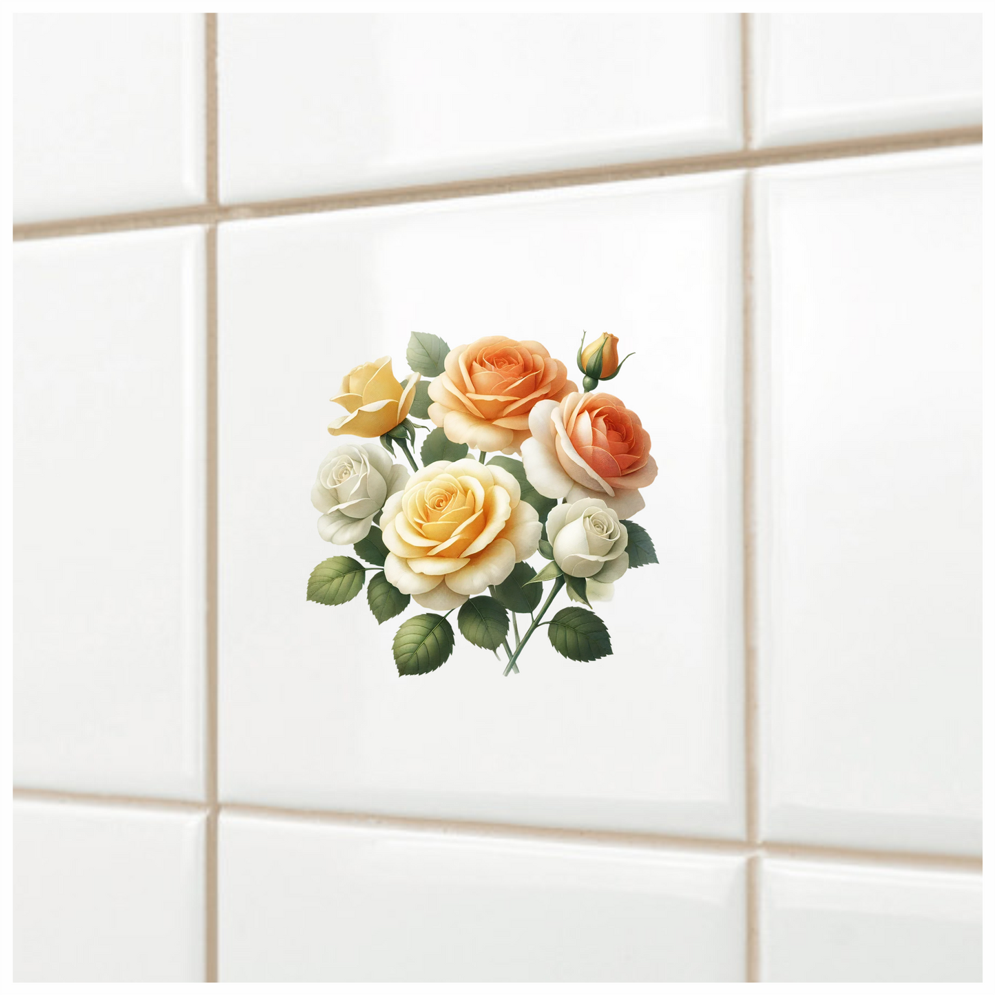 Yellow White Peach Roses Green Leaves Vinyl Sticker Decal