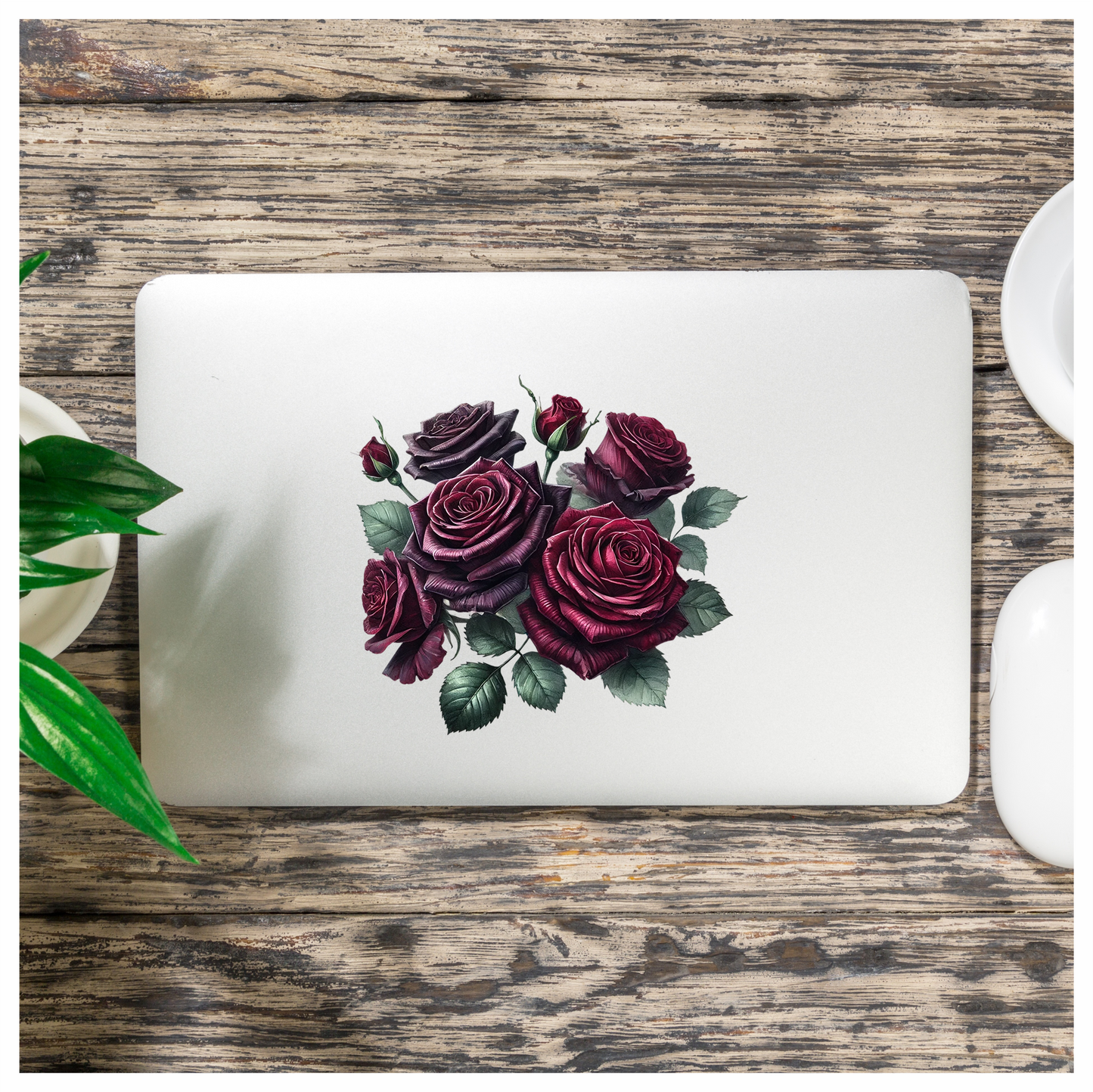 Dark Red Roses Green Leaves Vinyl Sticker Decal