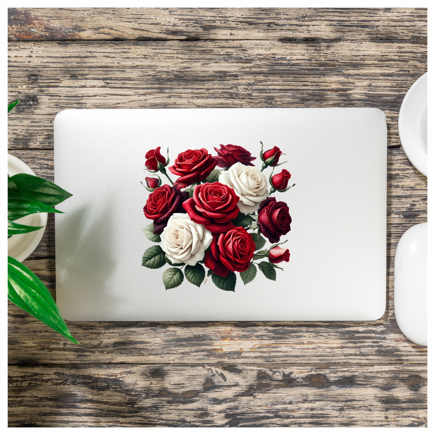 Red White Roses Green Leaves Bouquet Vinyl Sticker Decal