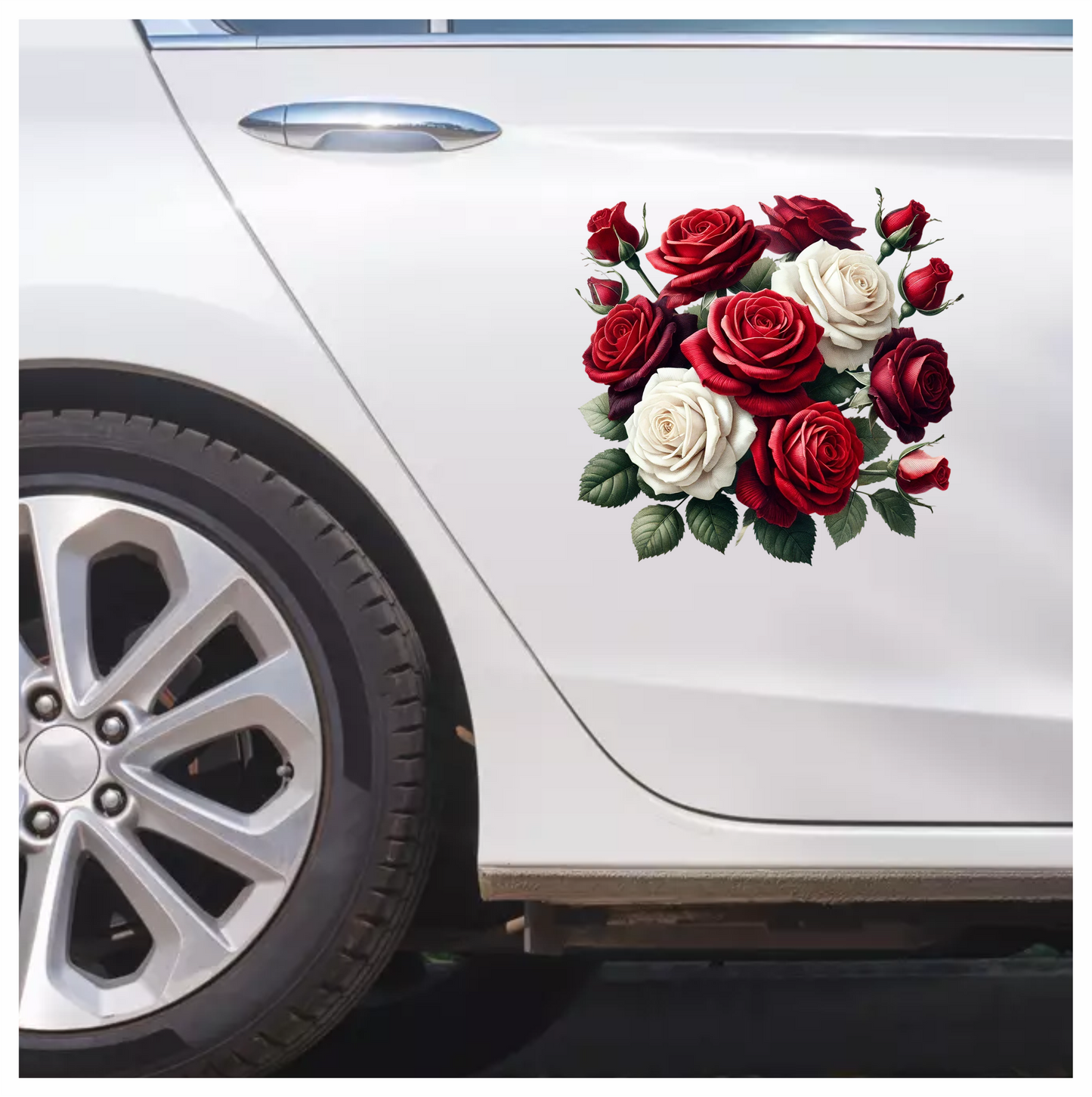 Red White Roses Green Leaves Bouquet Vinyl Sticker Decal