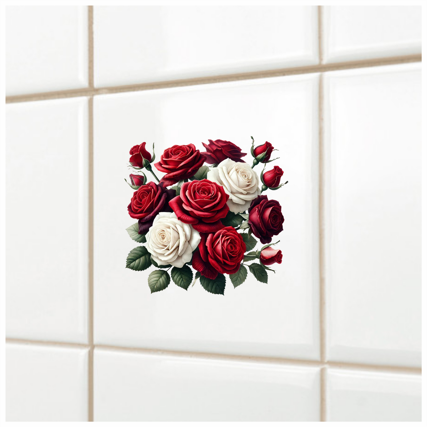 Red White Roses Green Leaves Bouquet Vinyl Sticker Decal