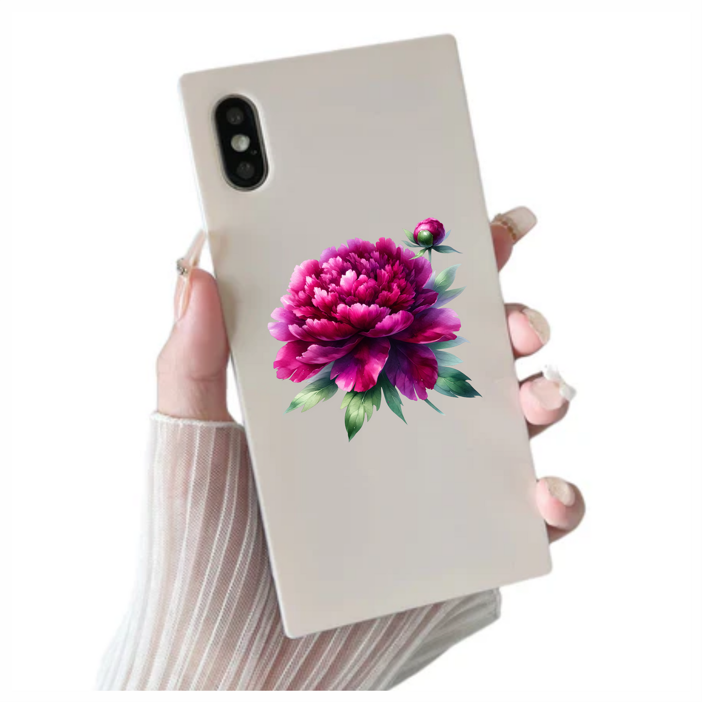 Pink Peony Flower Green Leaves Vinyl Sticker Decal