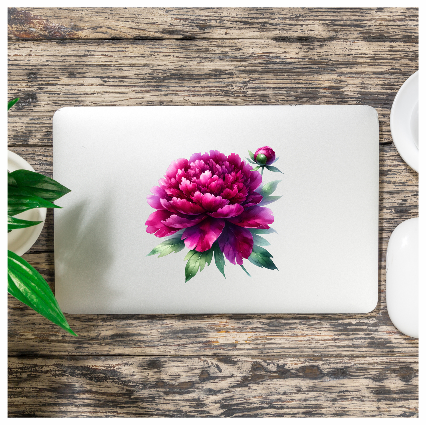 Pink Peony Flower Green Leaves Vinyl Sticker Decal