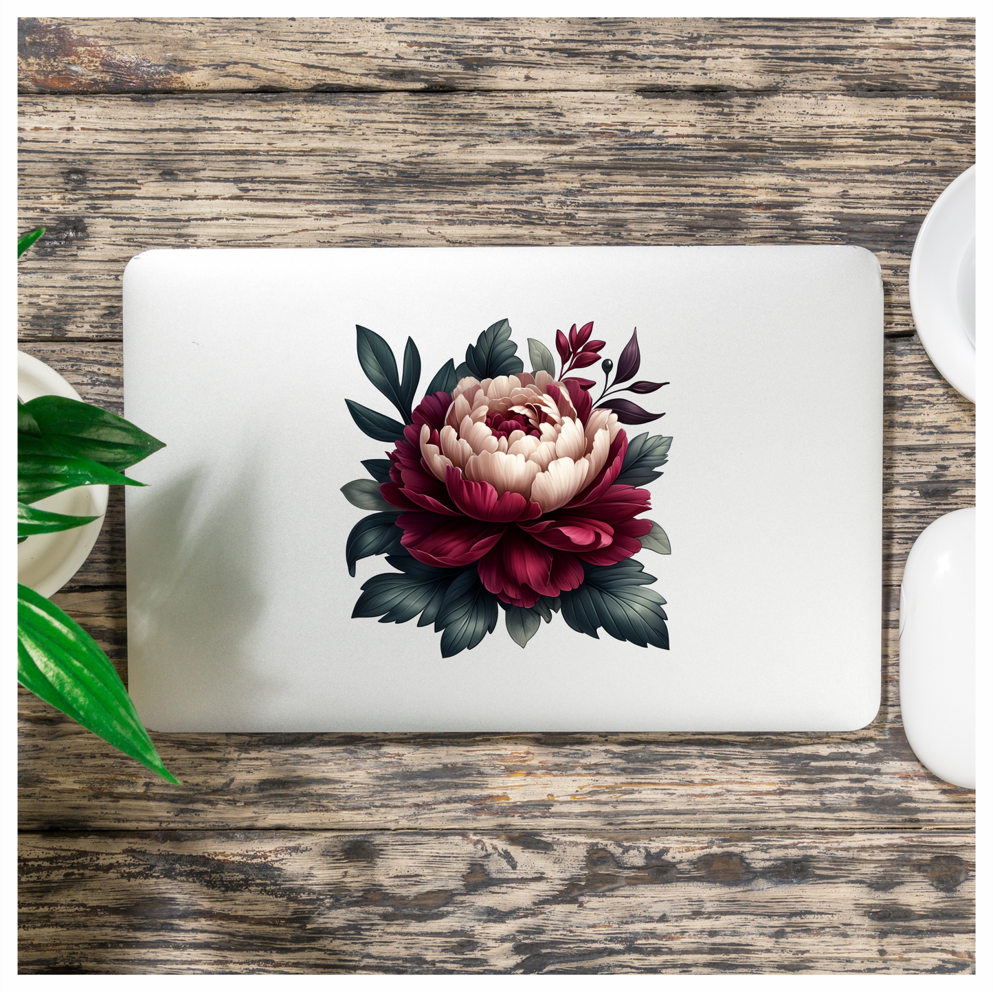 Red White Flower Green Leaves Vinyl Sticker Decal