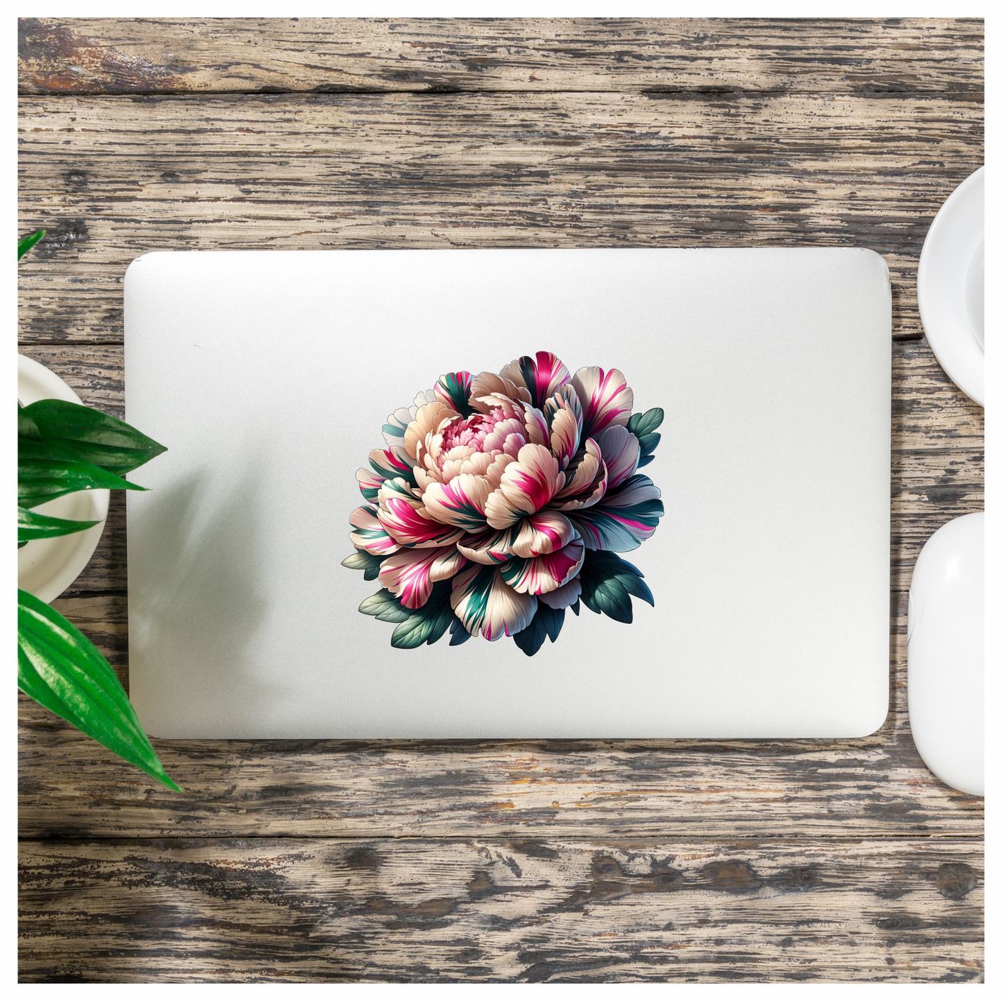 Flower Pink White Green Leaves Bloom Vinyl Sticker Decal