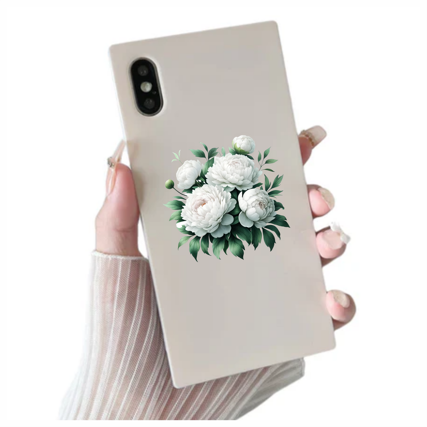 White Peony Flowers Green Leaves Vinyl Sticker Decal