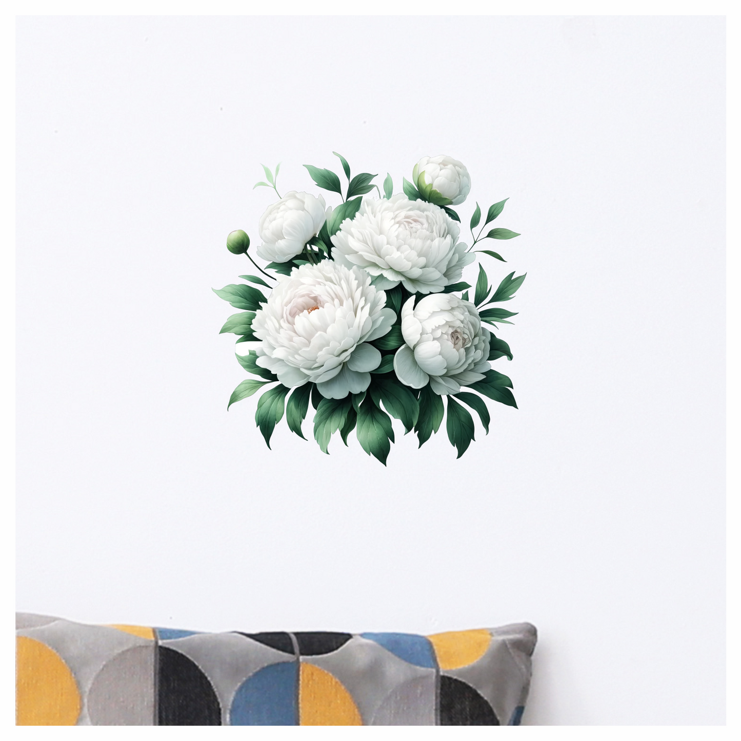 White Peony Flowers Green Leaves Vinyl Sticker Decal