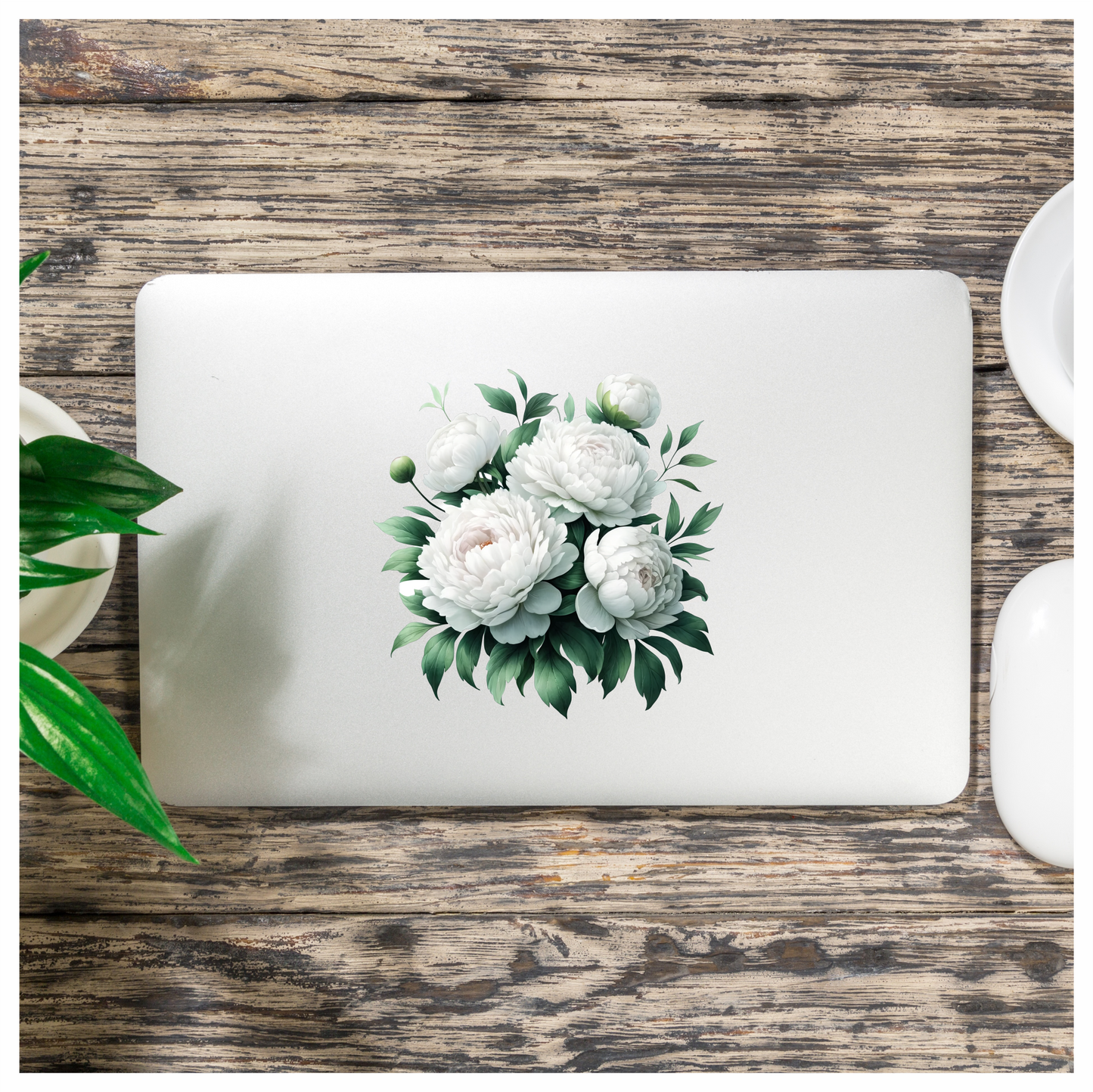 White Peony Flowers Green Leaves Vinyl Sticker Decal