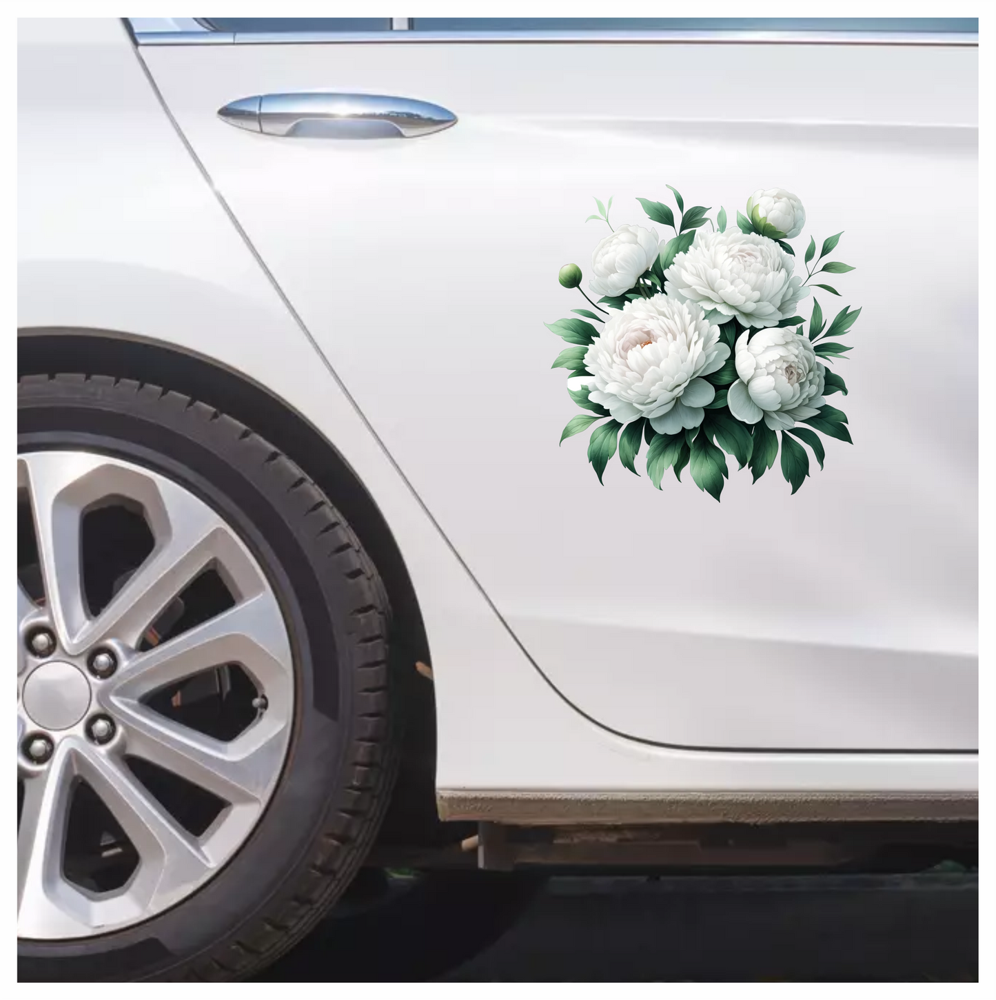 White Peony Flowers Green Leaves Vinyl Sticker Decal