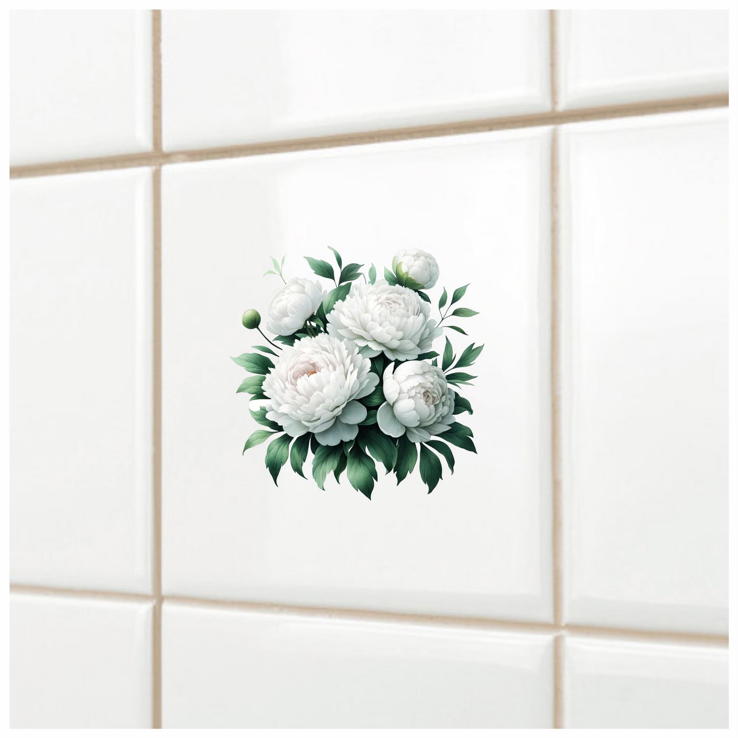 White Peony Flowers Green Leaves Vinyl Sticker Decal