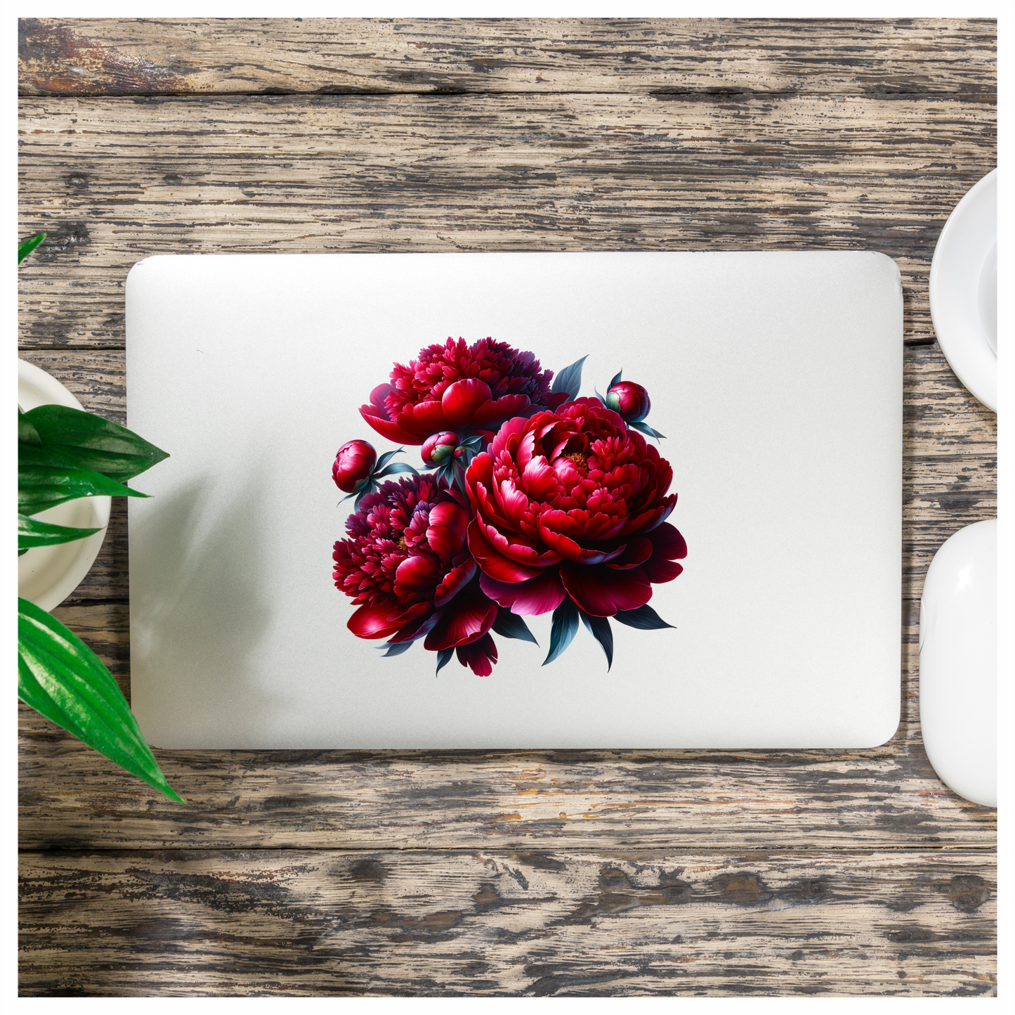 Red Flowers Blooming Green Leaves Vinyl Sticker Decal