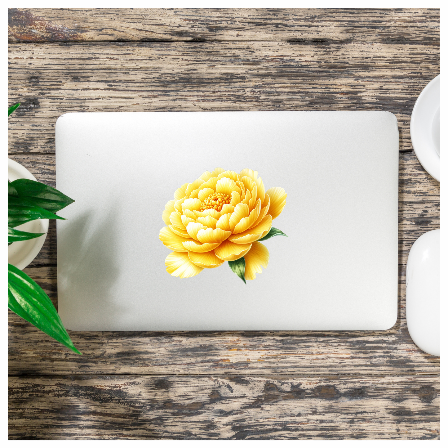 Yellow Flower Large Petals Green Leaves Vinyl Sticker Decal