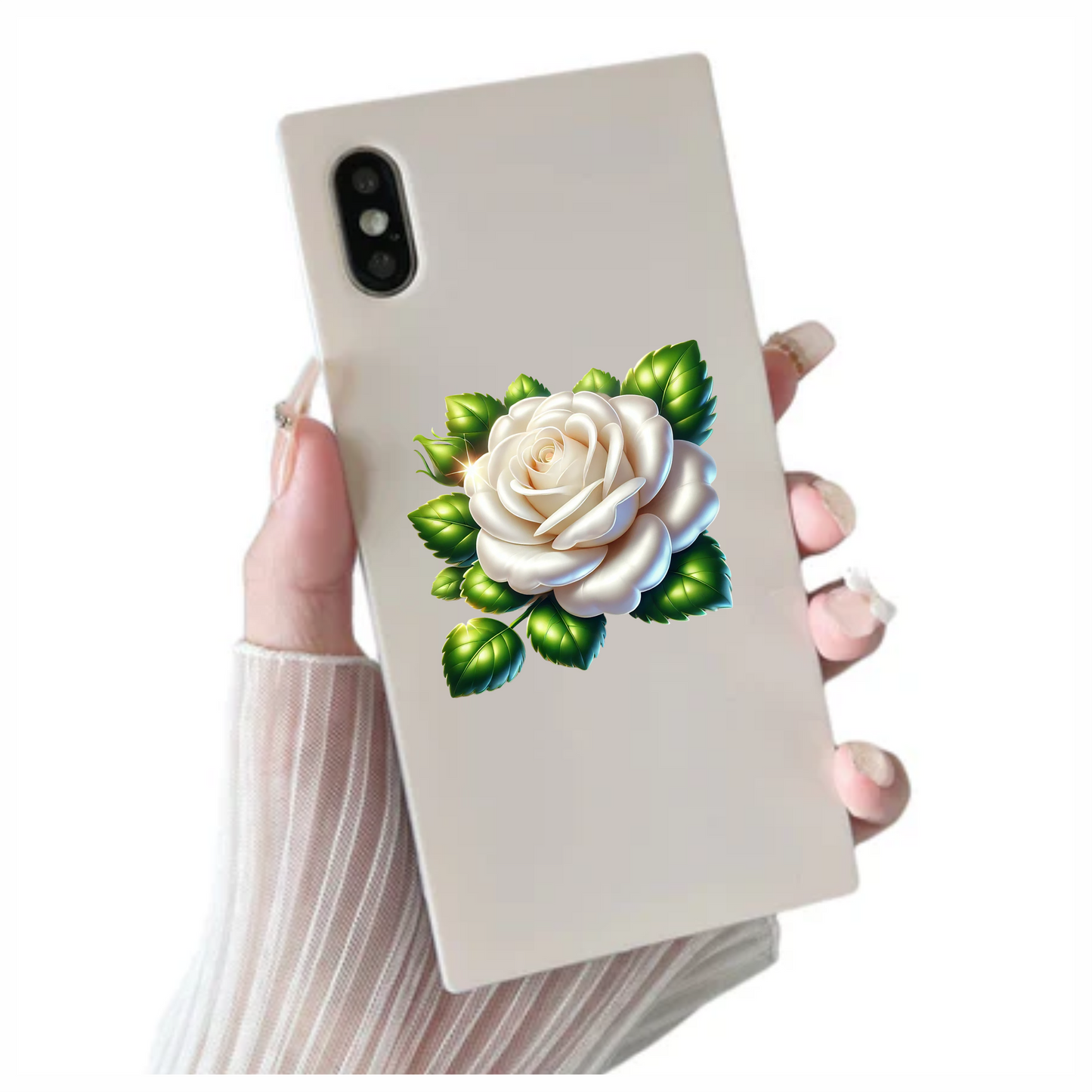 White Rose Green Leaves Floral Vinyl Sticker Decal