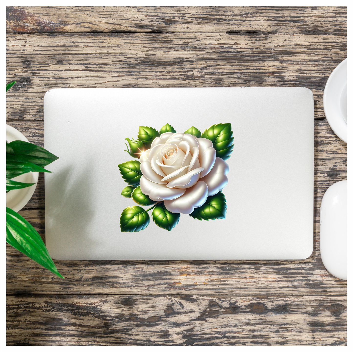 White Rose Green Leaves Floral Vinyl Sticker Decal