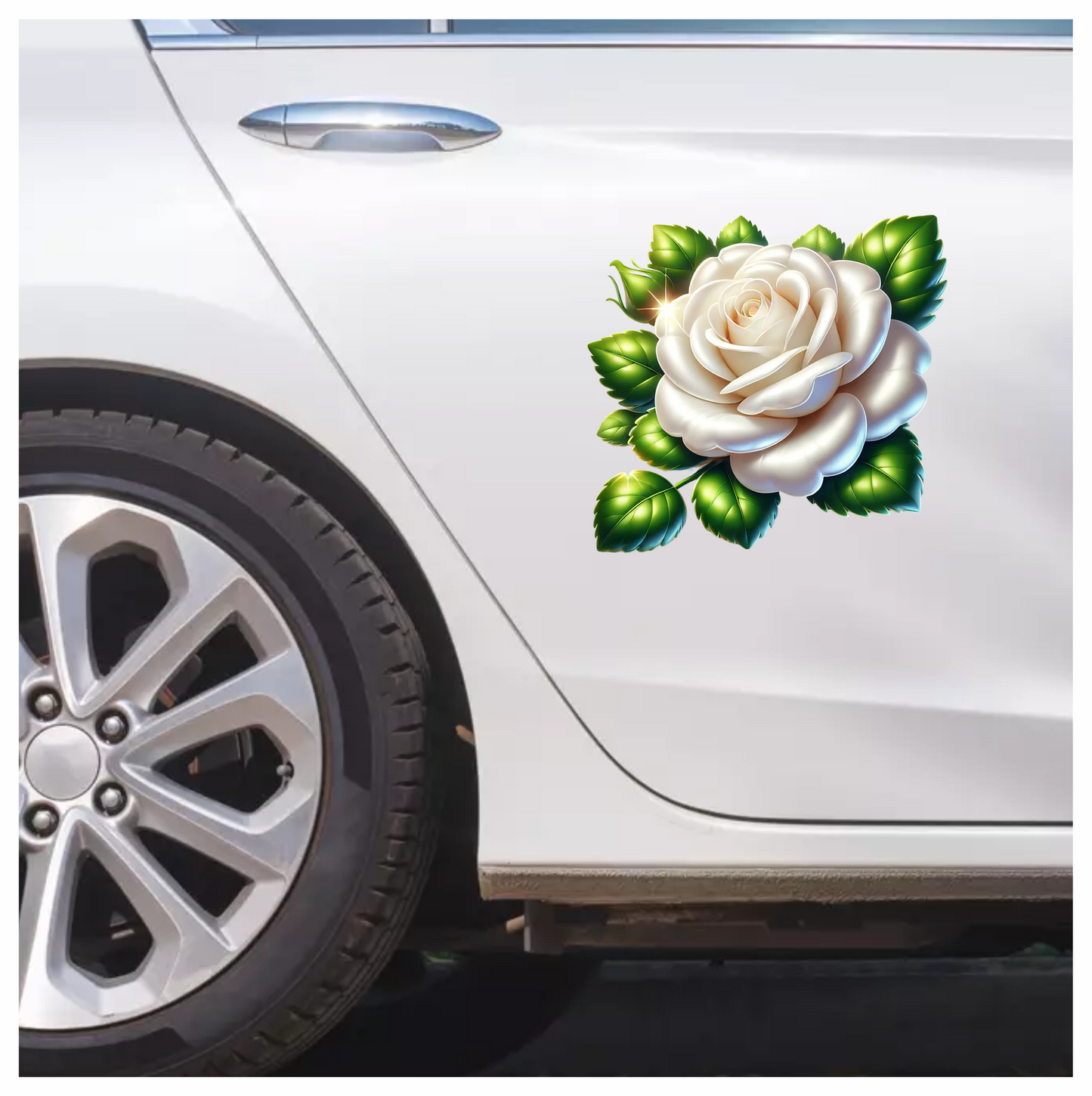 White Rose Green Leaves Floral Vinyl Sticker Decal