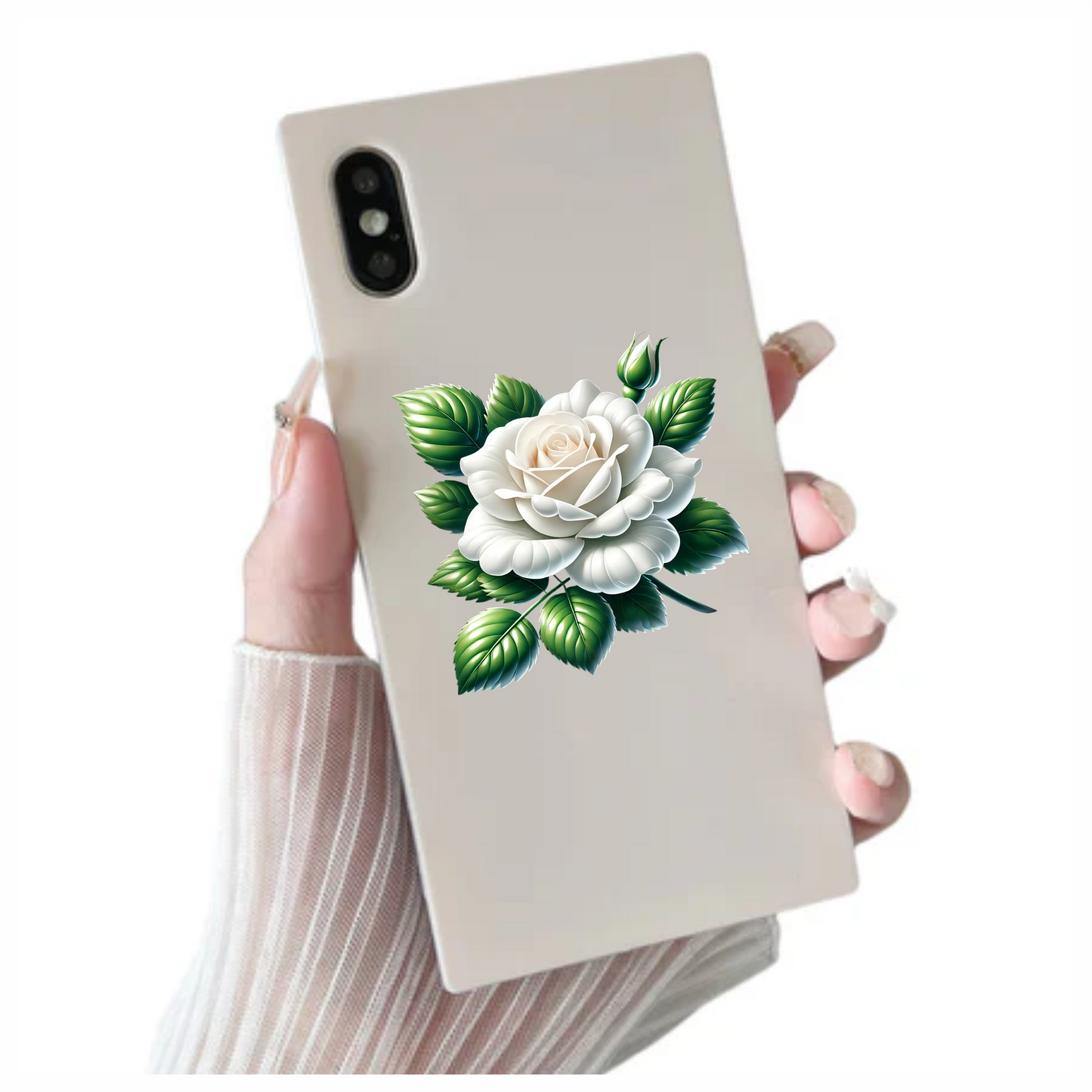 White Rose Green Leaves Blooming Vinyl Sticker Decal