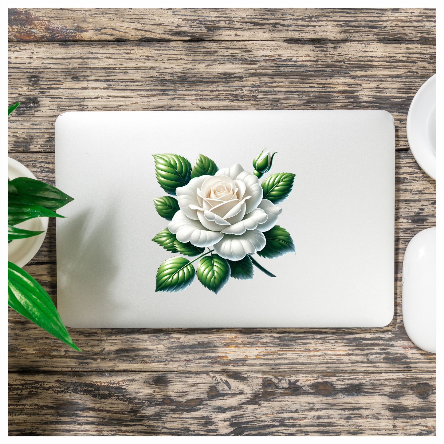 White Rose Green Leaves Blooming Vinyl Sticker Decal