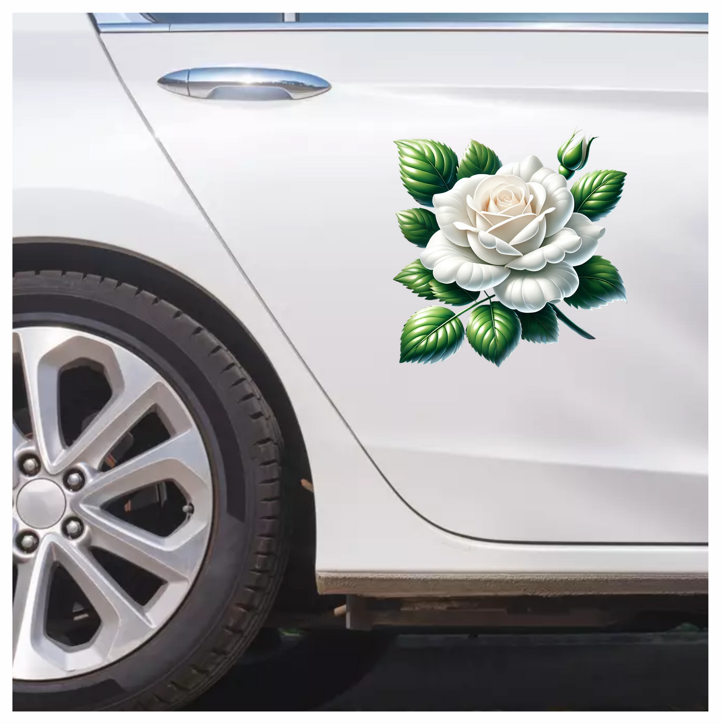 White Rose Green Leaves Blooming Vinyl Sticker Decal