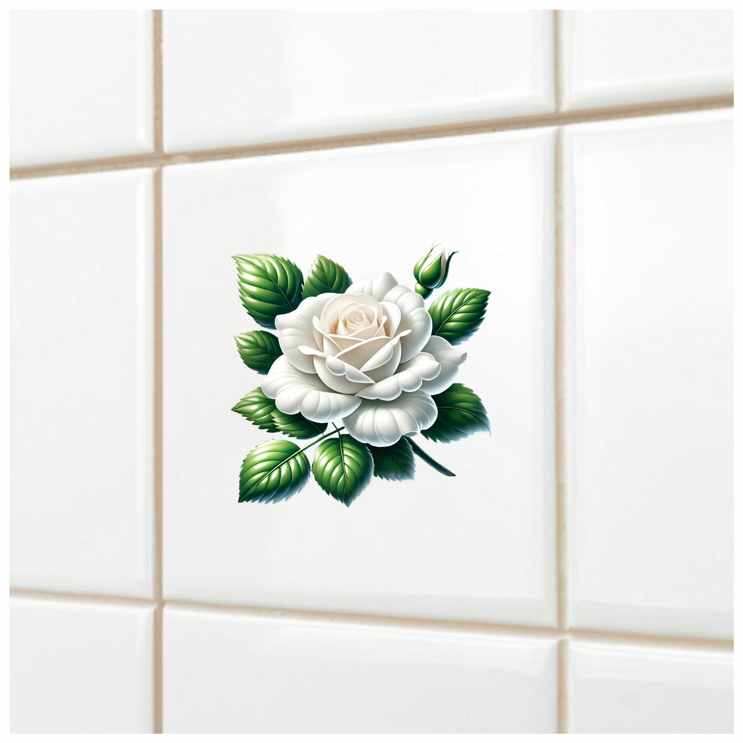 White Rose Green Leaves Blooming Vinyl Sticker Decal