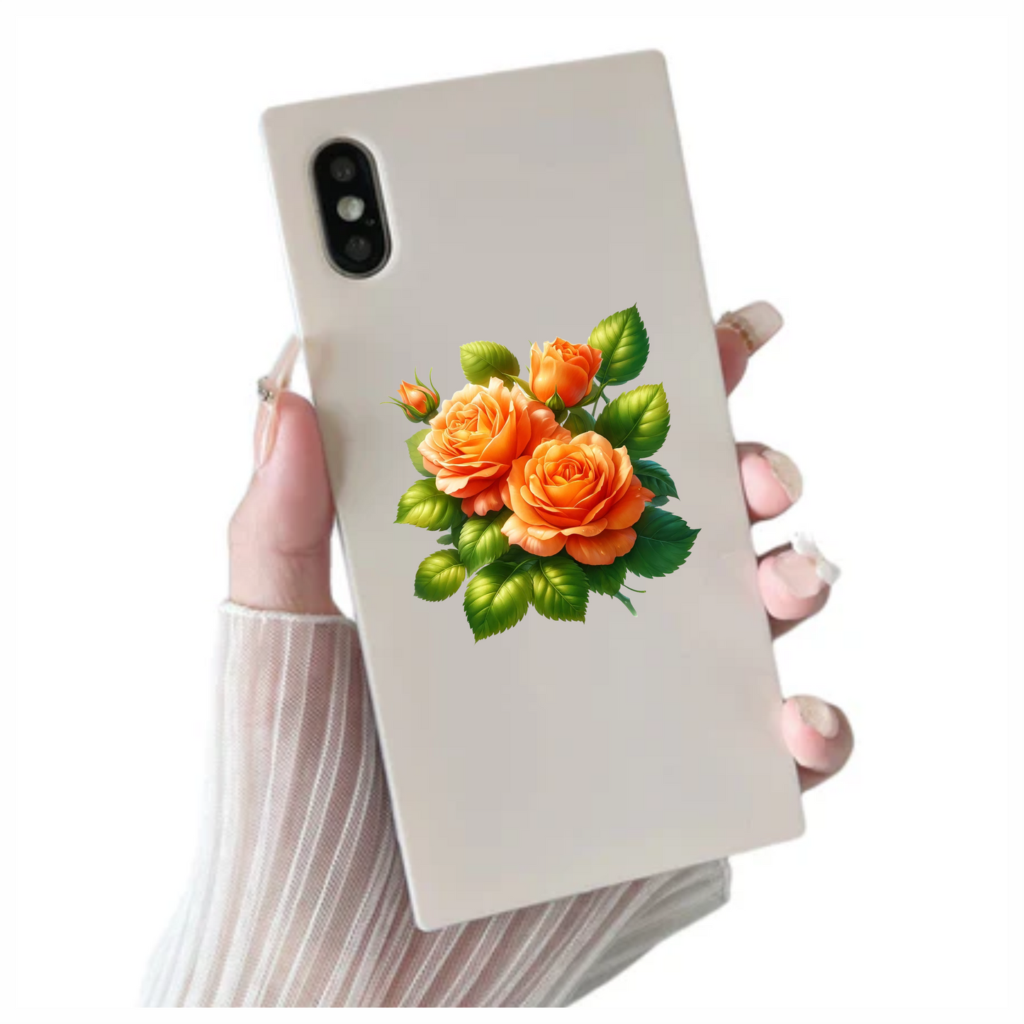 Orange Roses Green Leaves Floral Vinyl Sticker Decal