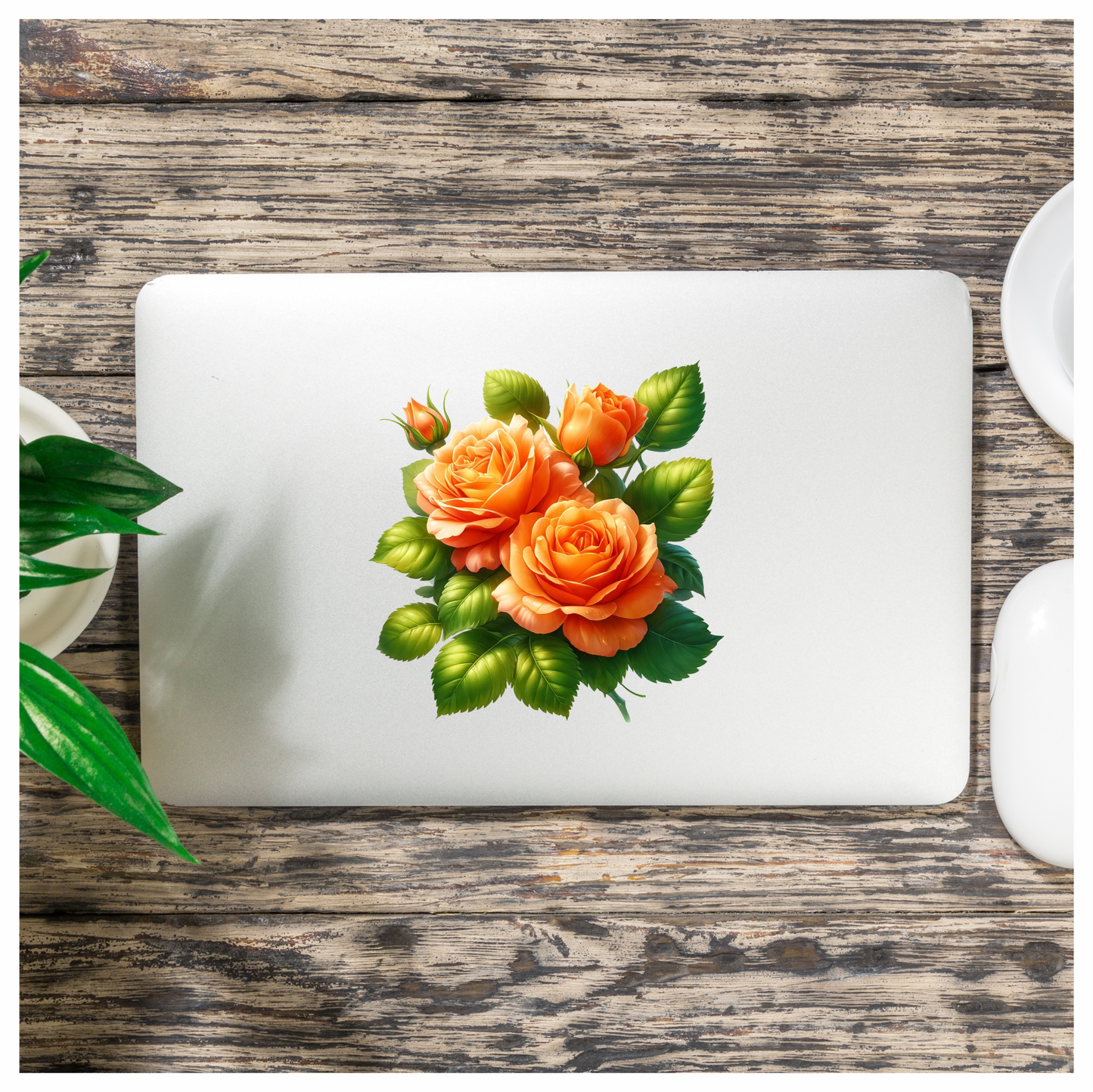 Orange Roses Green Leaves Floral Vinyl Sticker Decal