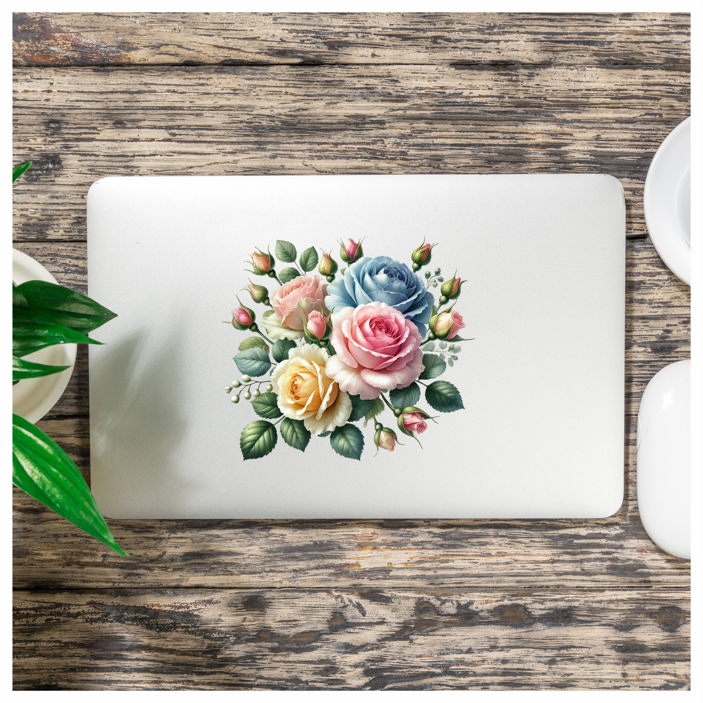 Pink Rose Blue Rose Yellow Rose Green Leaves Vinyl Sticker Decal