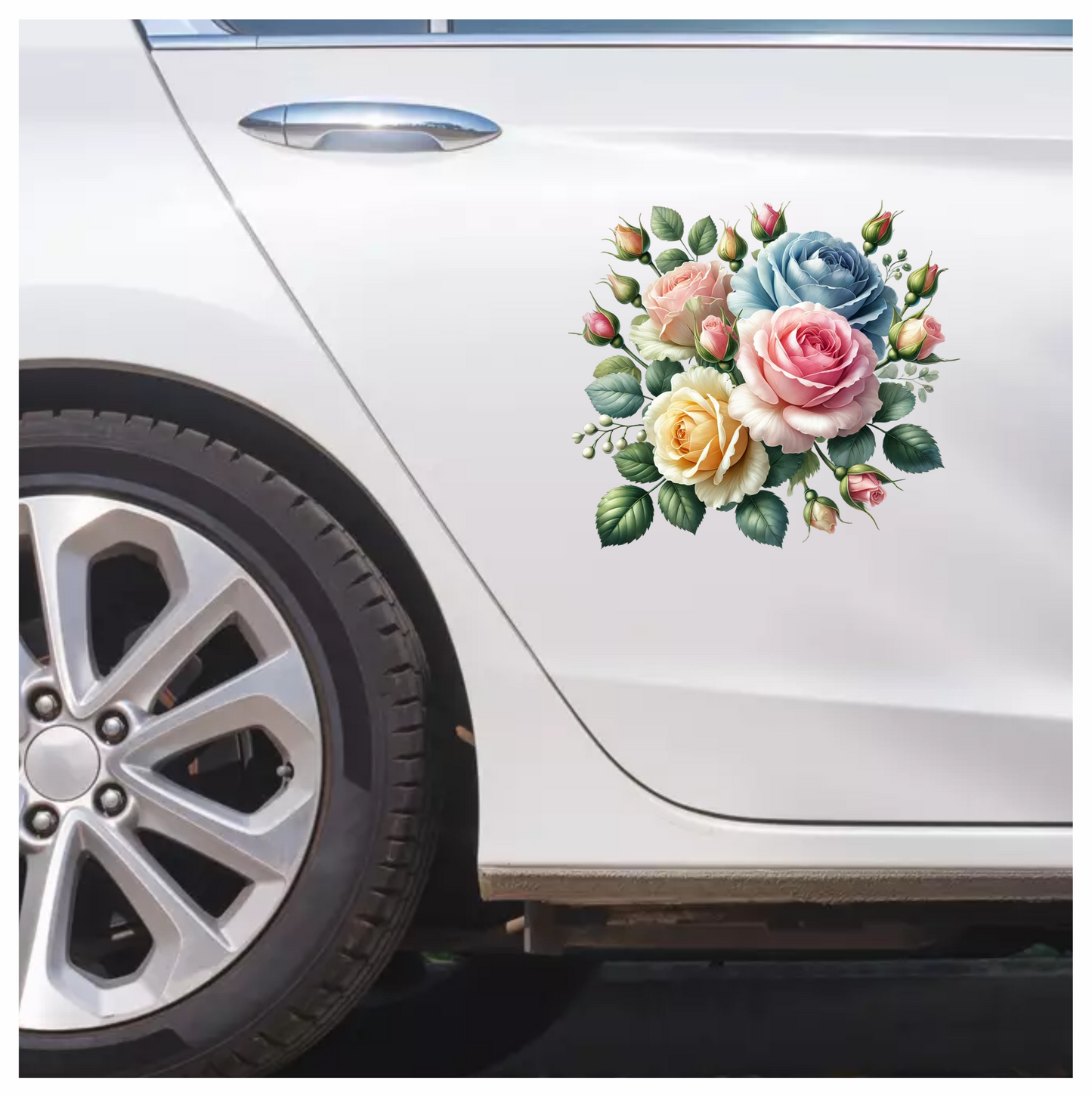 Pink Rose Blue Rose Yellow Rose Green Leaves Vinyl Sticker Decal