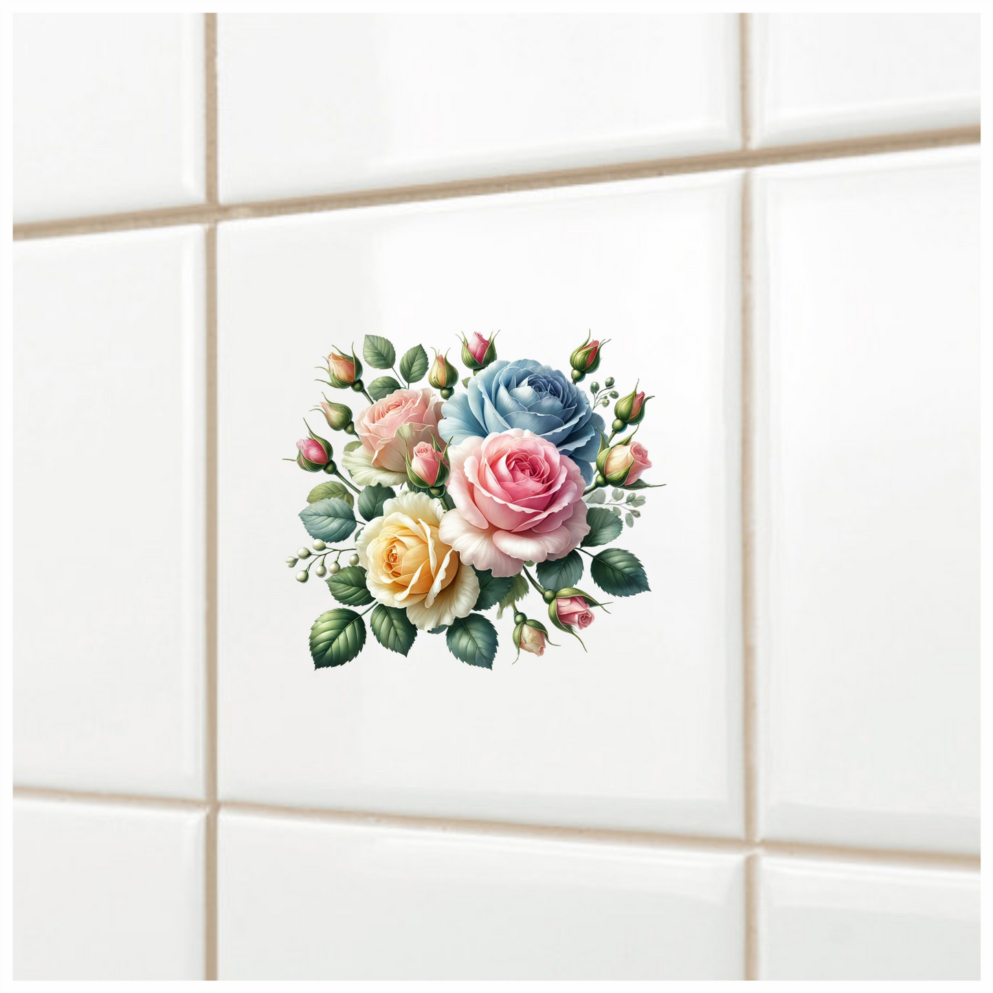 Pink Rose Blue Rose Yellow Rose Green Leaves Vinyl Sticker Decal