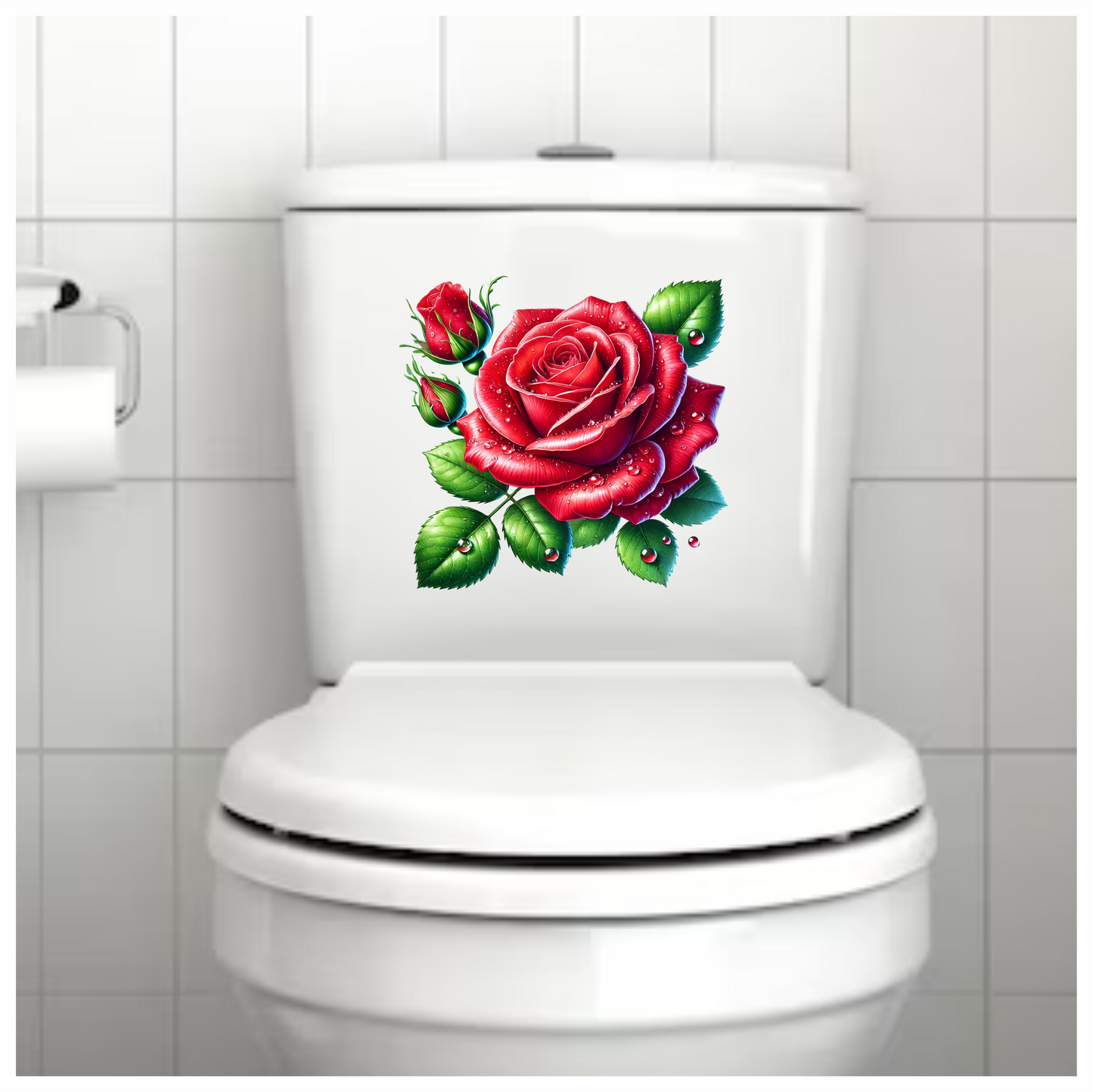 Red Rose Green Leaves Water Drops Vinyl Sticker Decal