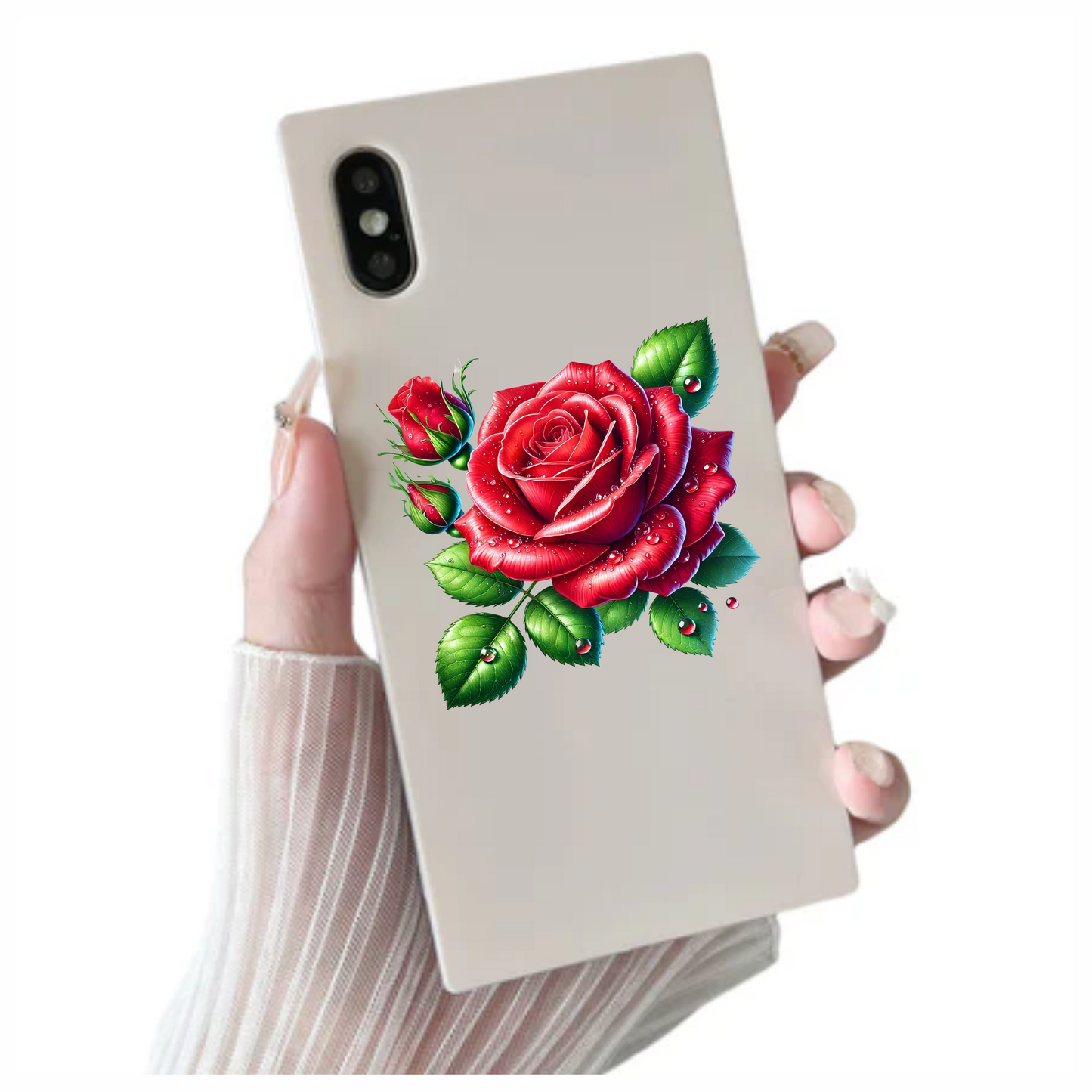 Red Rose Green Leaves Water Drops Vinyl Sticker Decal