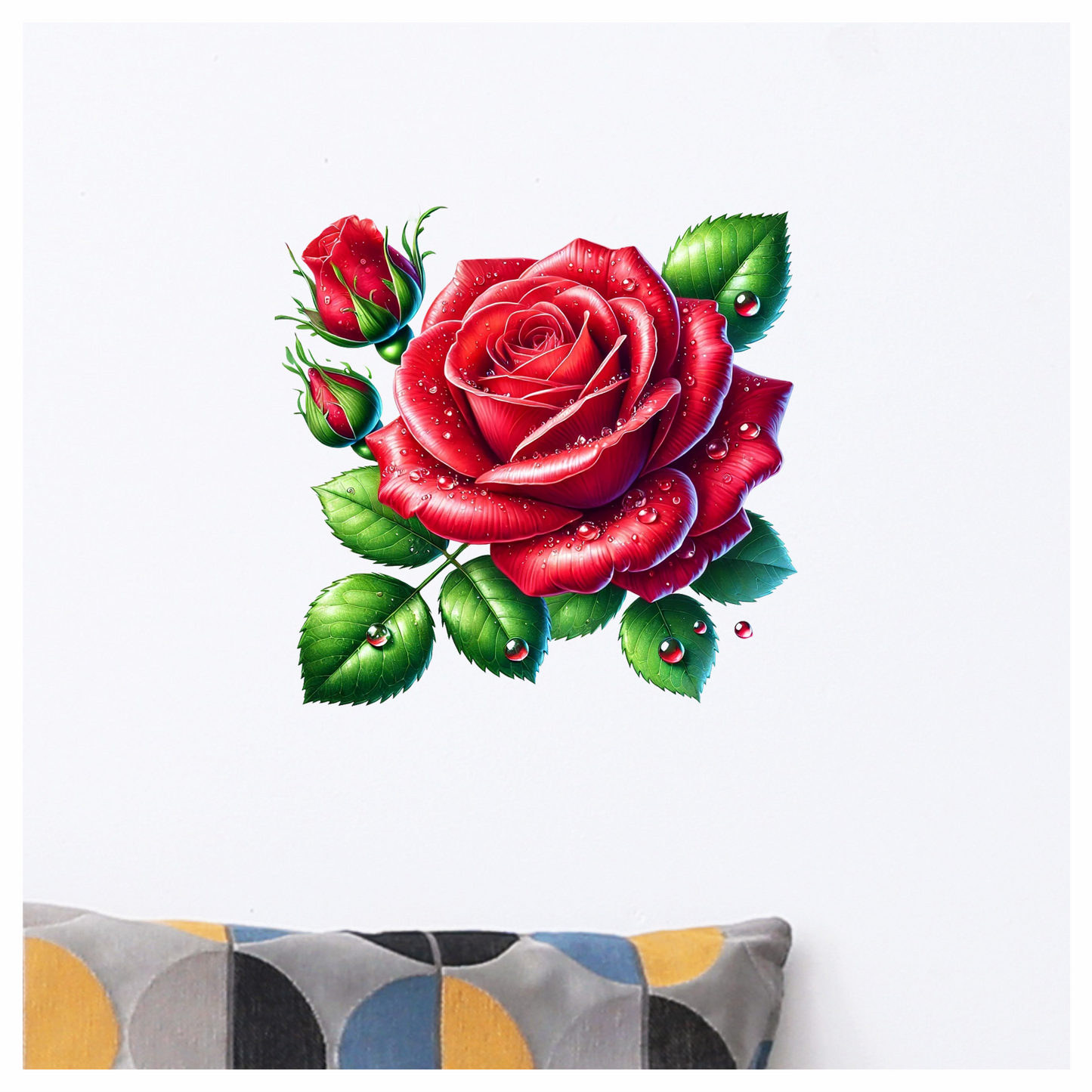 Red Rose Green Leaves Water Drops Vinyl Sticker Decal