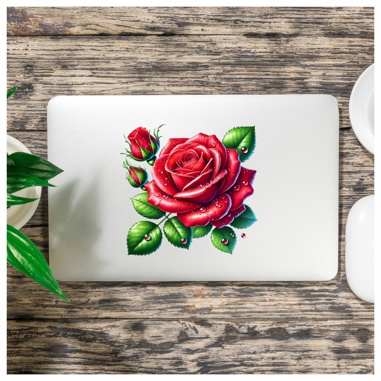 Red Rose Green Leaves Water Drops Vinyl Sticker Decal