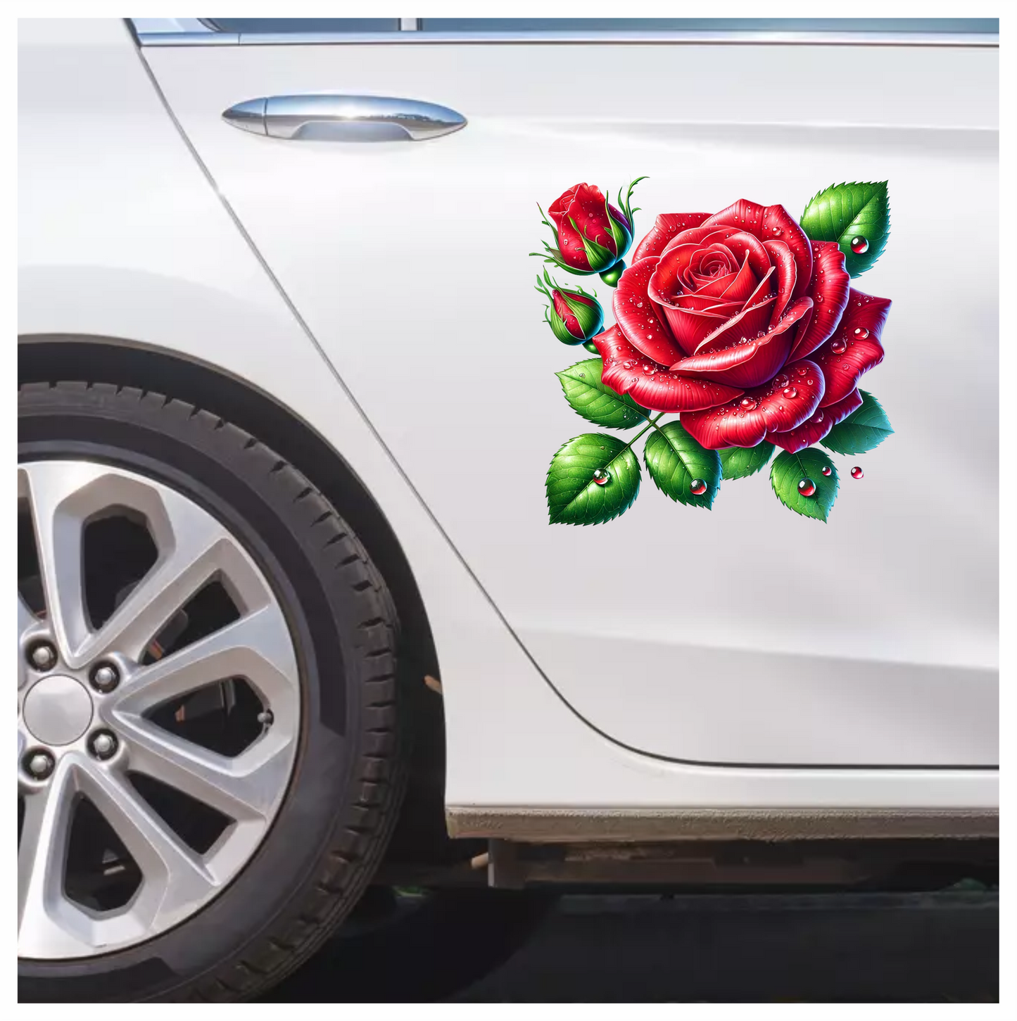 Red Rose Green Leaves Water Drops Vinyl Sticker Decal