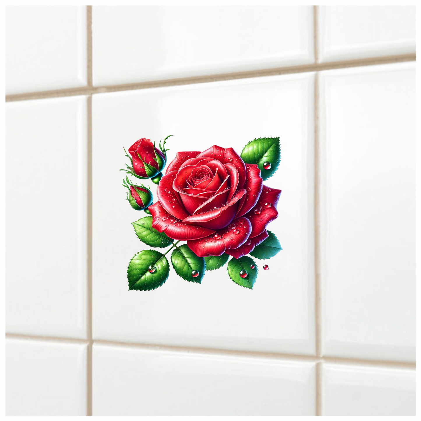 Red Rose Green Leaves Water Drops Vinyl Sticker Decal